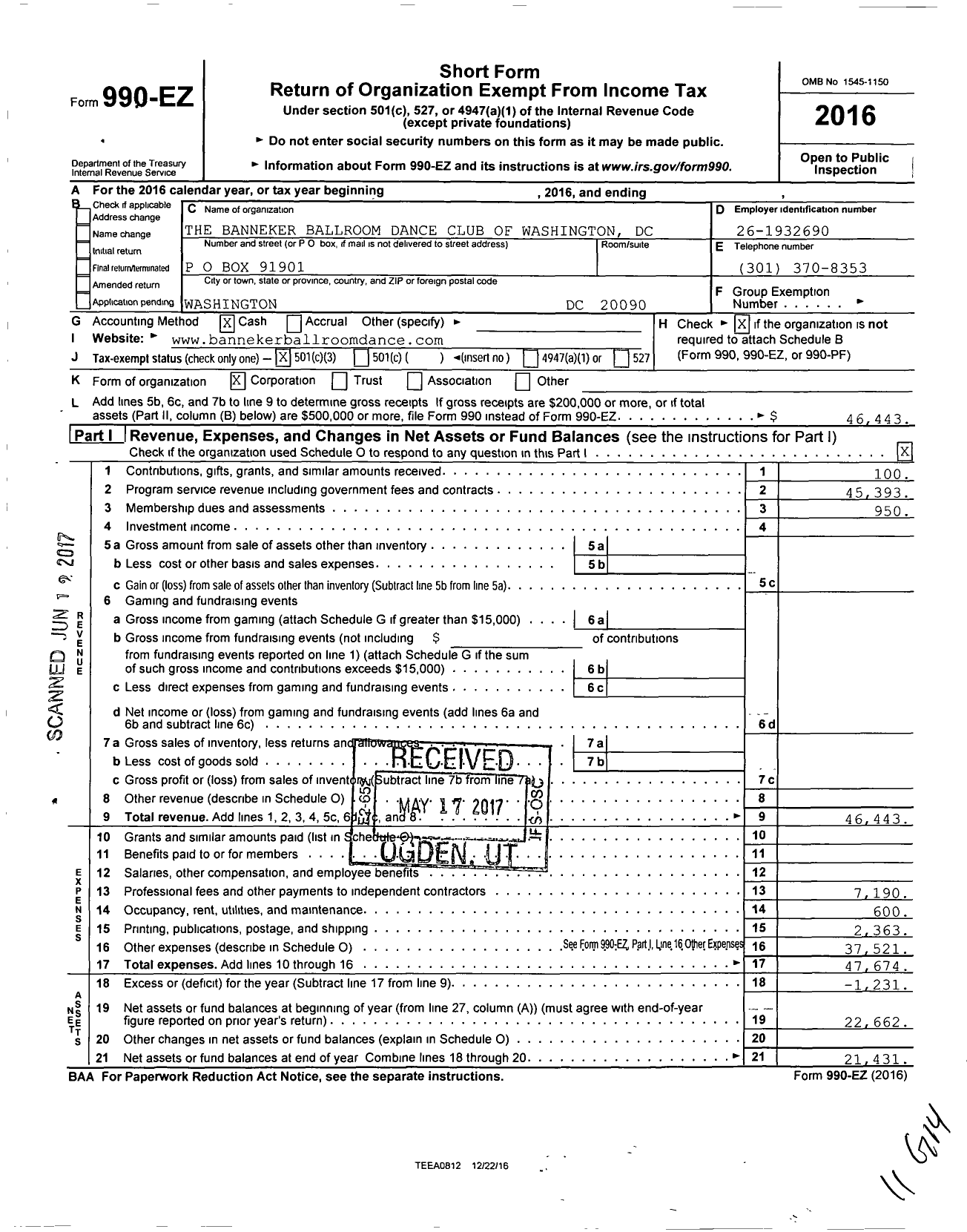 Image of first page of 2016 Form 990EZ for The Banneker Ballroom Dance Club of Washington DC