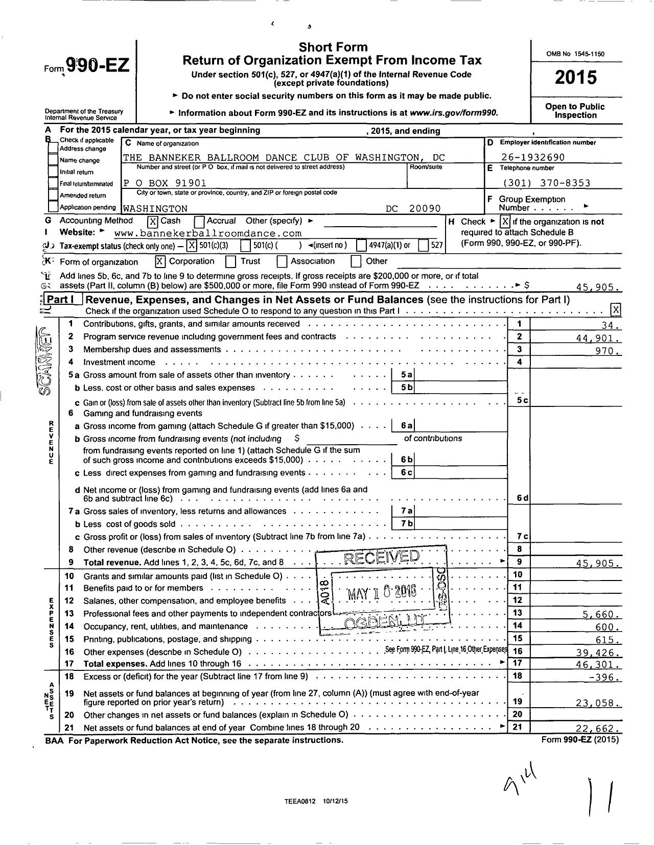 Image of first page of 2015 Form 990EZ for The Banneker Ballroom Dance Club of Washington DC