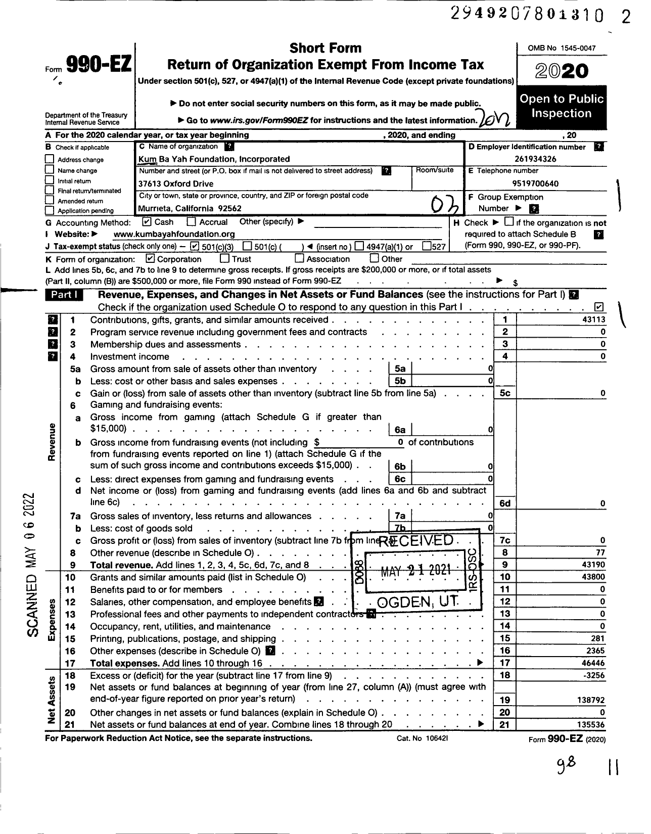 Image of first page of 2020 Form 990EZ for Kum Ba Yah Foundation