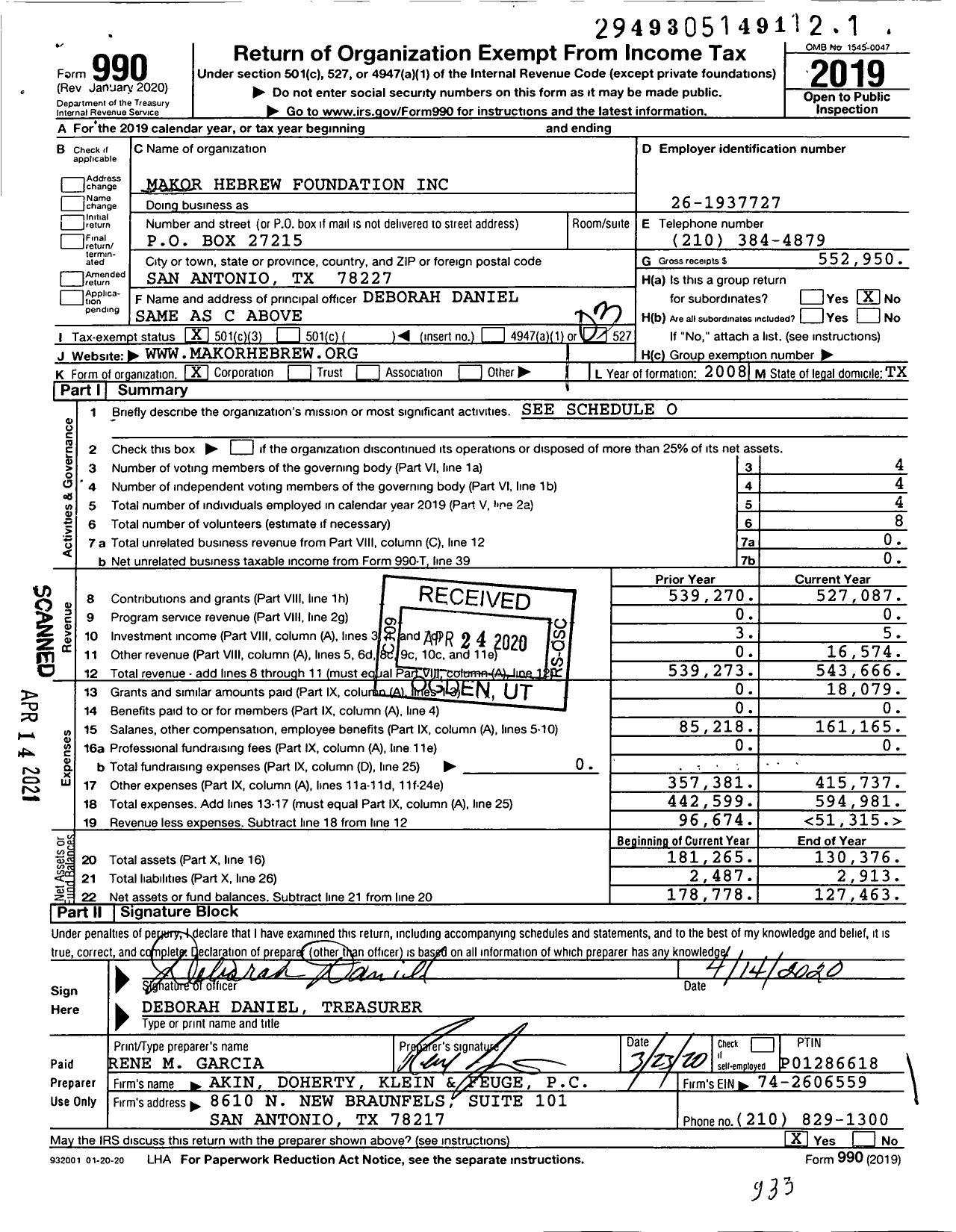 Image of first page of 2019 Form 990 for Makor Hebrew Foundation