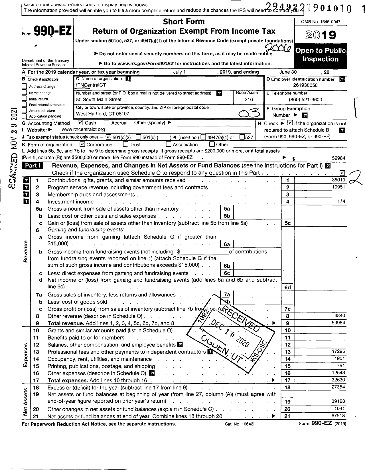 Image of first page of 2019 Form 990EZ for Itn Central CT