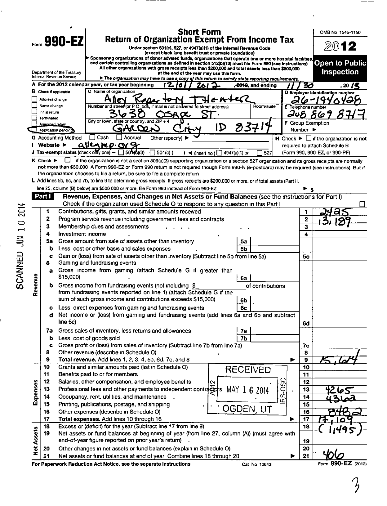 Image of first page of 2012 Form 990EO for Alley Repertory Theater