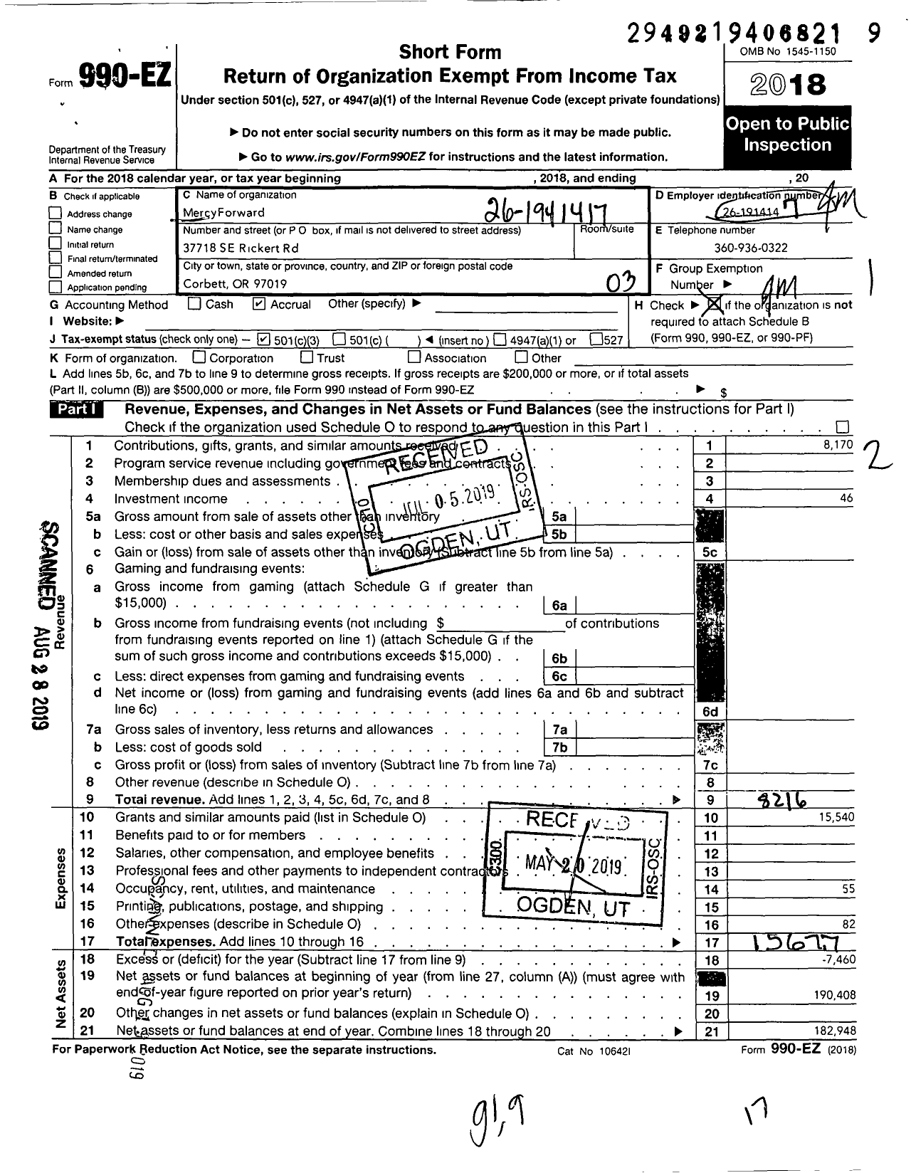 Image of first page of 2018 Form 990EZ for Mercyforward