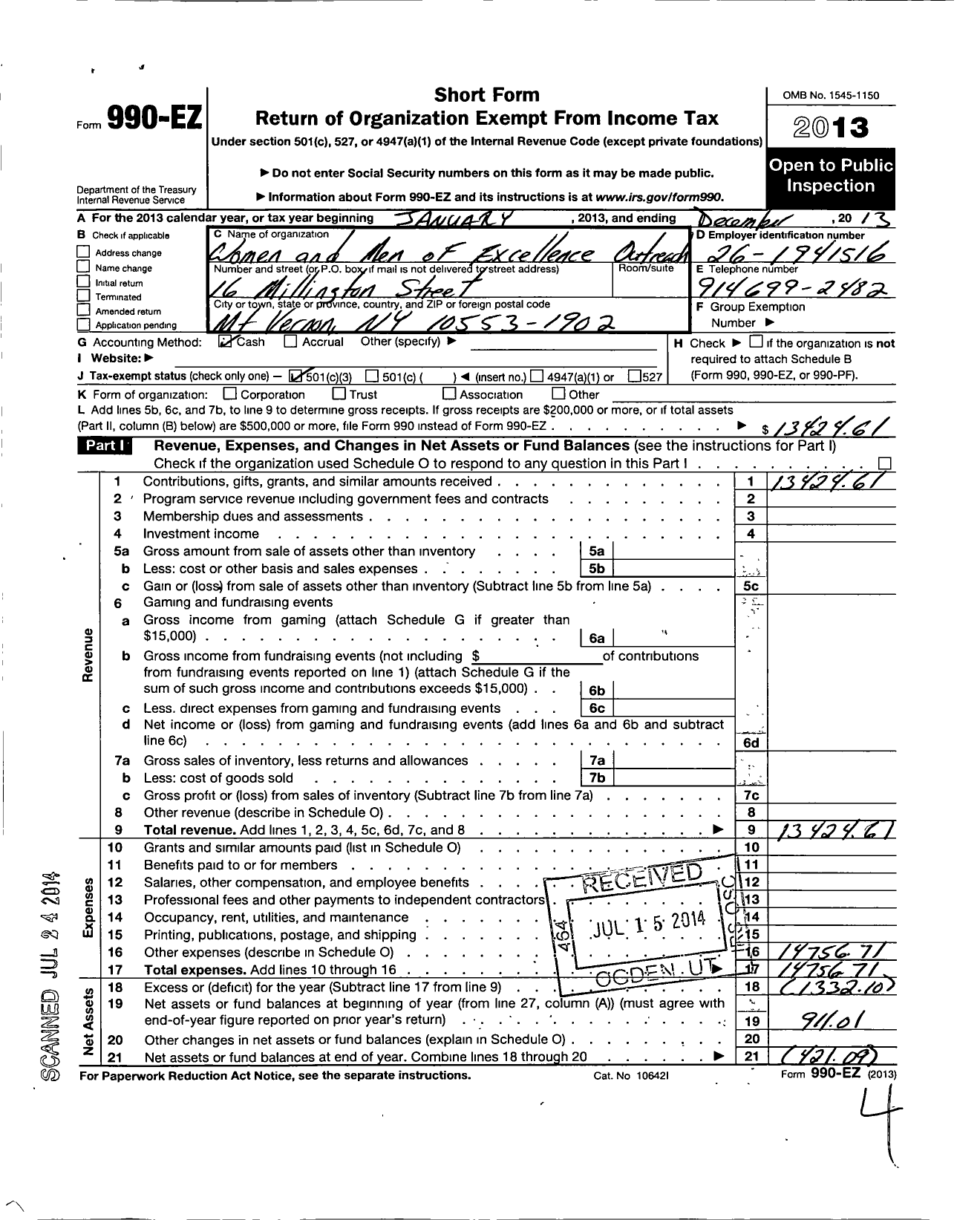 Image of first page of 2013 Form 990EZ for Women and Men of Excellence Outreach Ministries