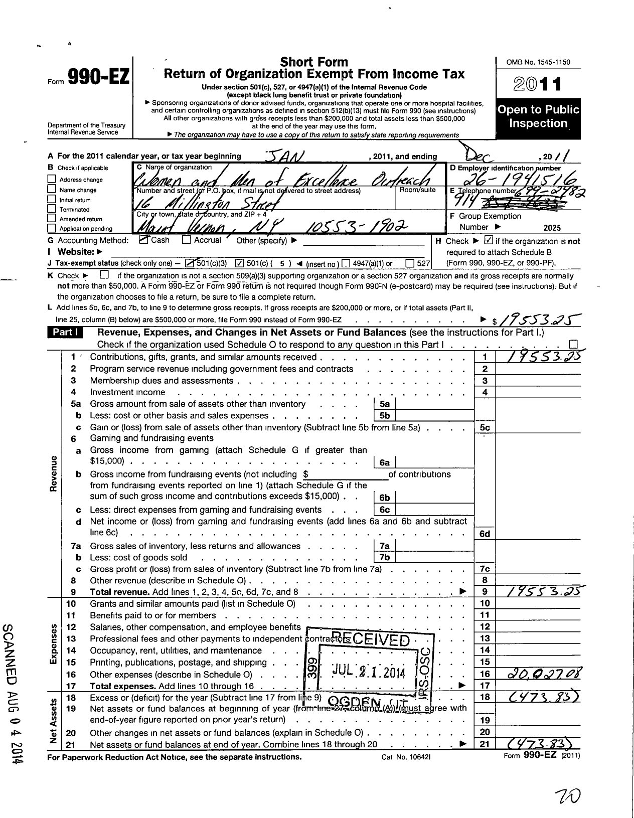 Image of first page of 2011 Form 990EO for Women and Men of Excellence Outreach Ministries