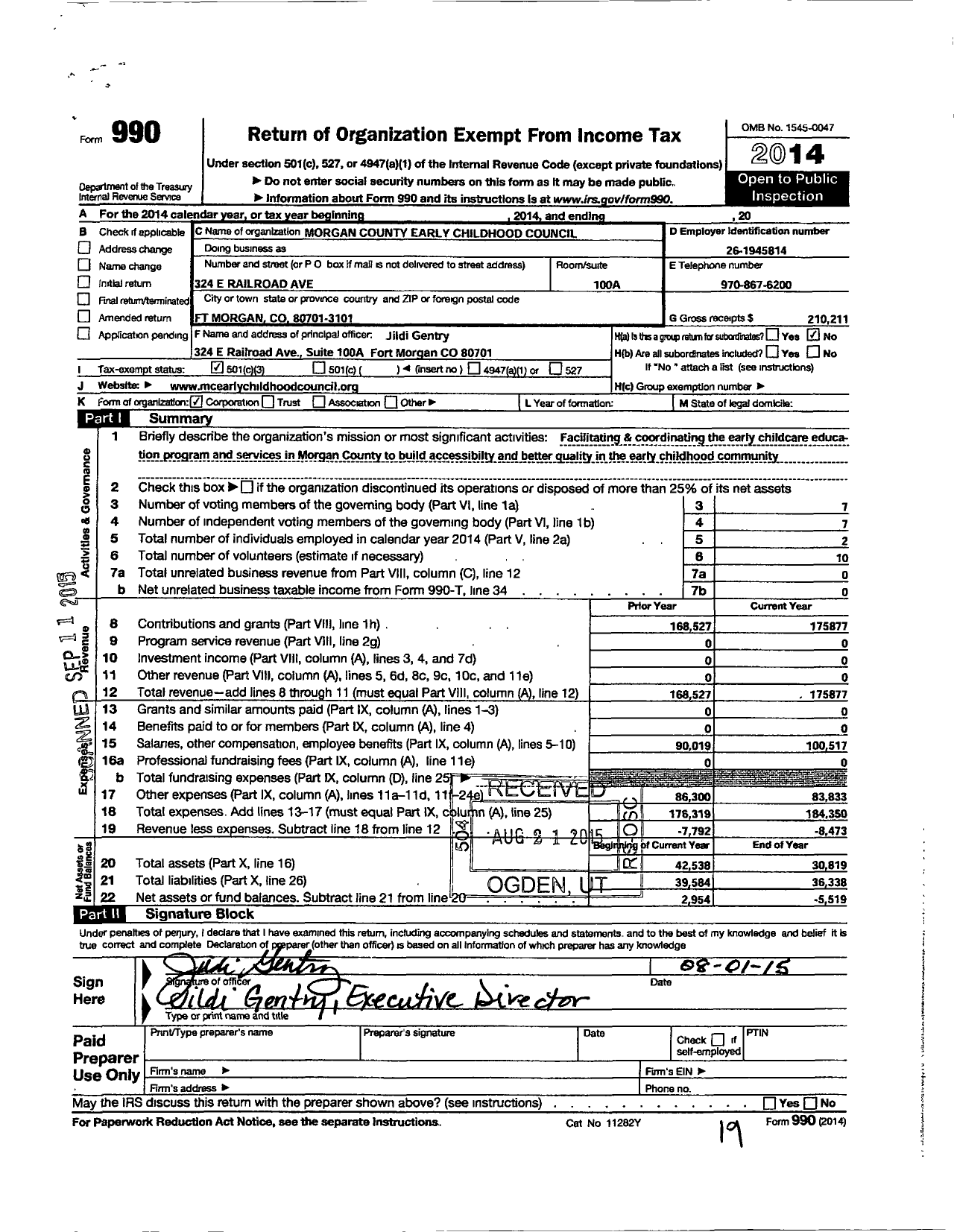 Image of first page of 2014 Form 990 for Morgan County Early Childhood Council