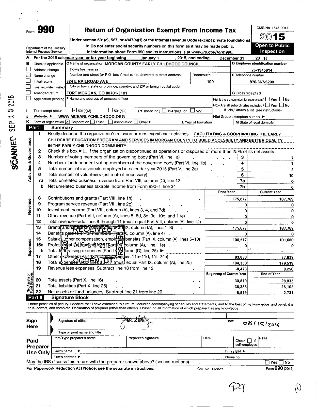 Image of first page of 2015 Form 990 for Morgan County Early Childhood Council