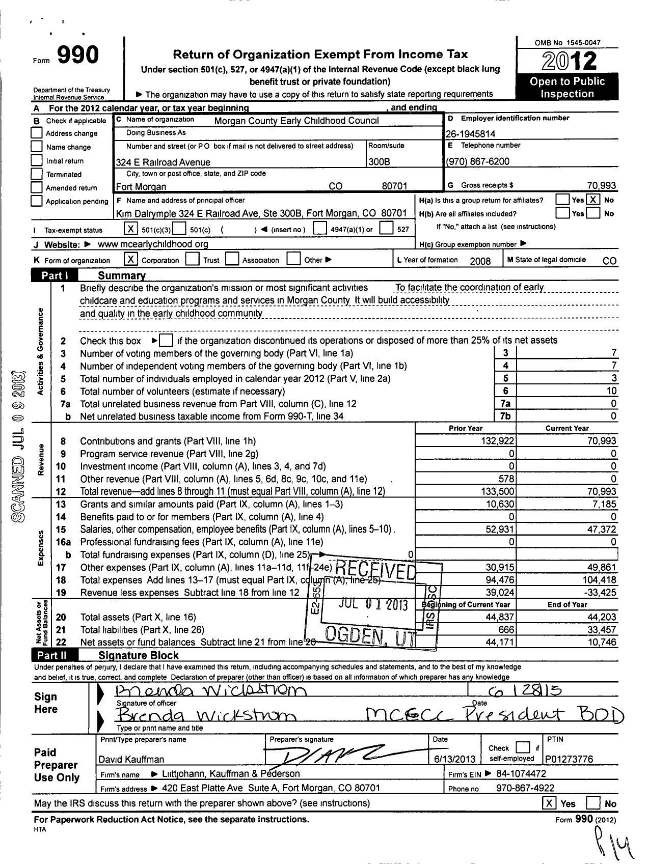 Image of first page of 2012 Form 990 for Morgan County Early Childhood Council