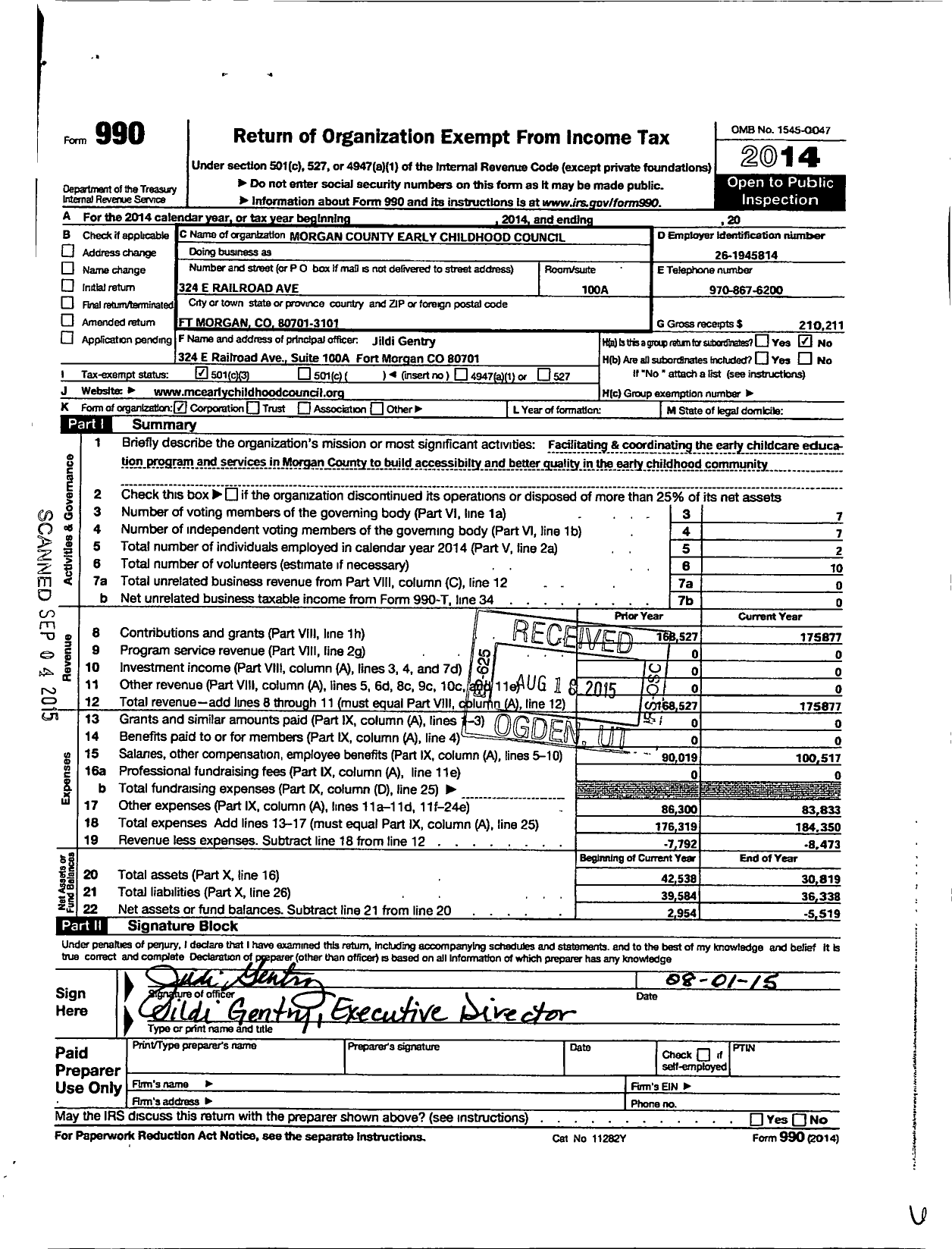 Image of first page of 2014 Form 990 for Morgan County Early Childhood Council