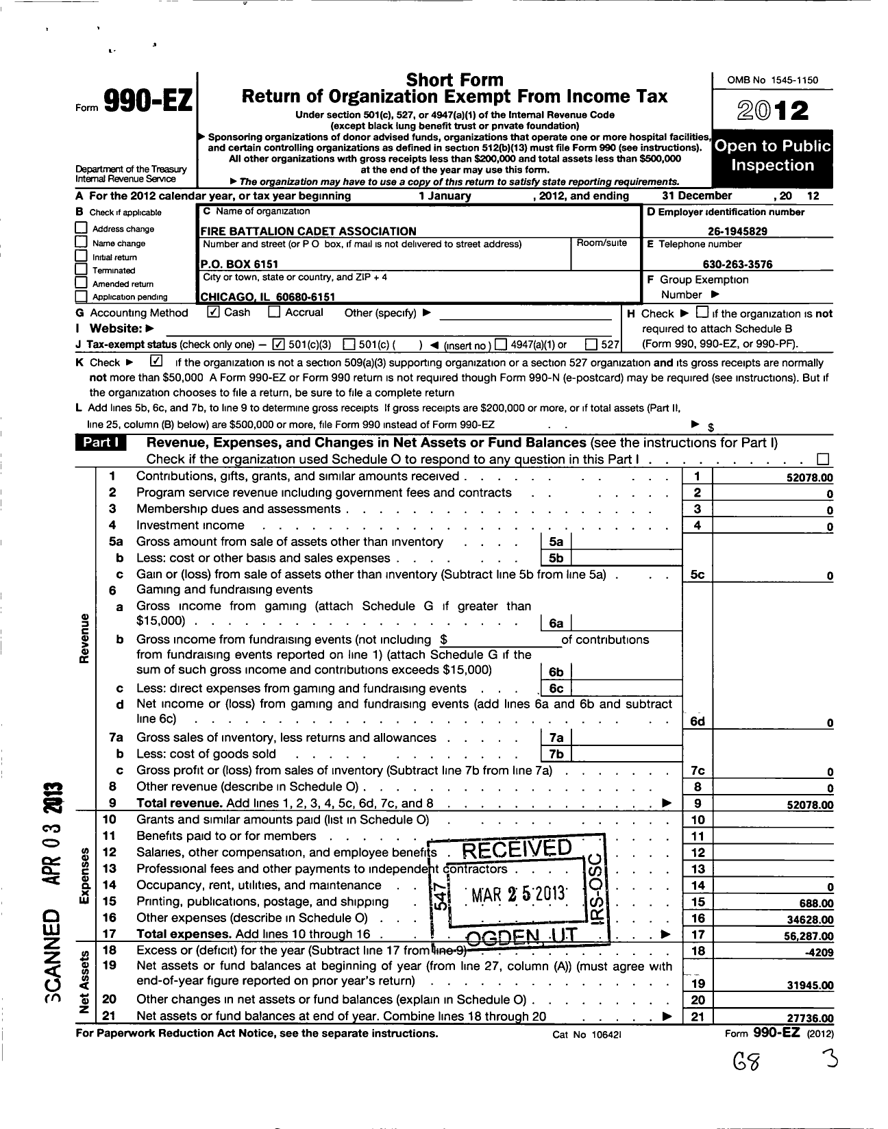 Image of first page of 2012 Form 990EZ for Fire Battalion Cadet Association