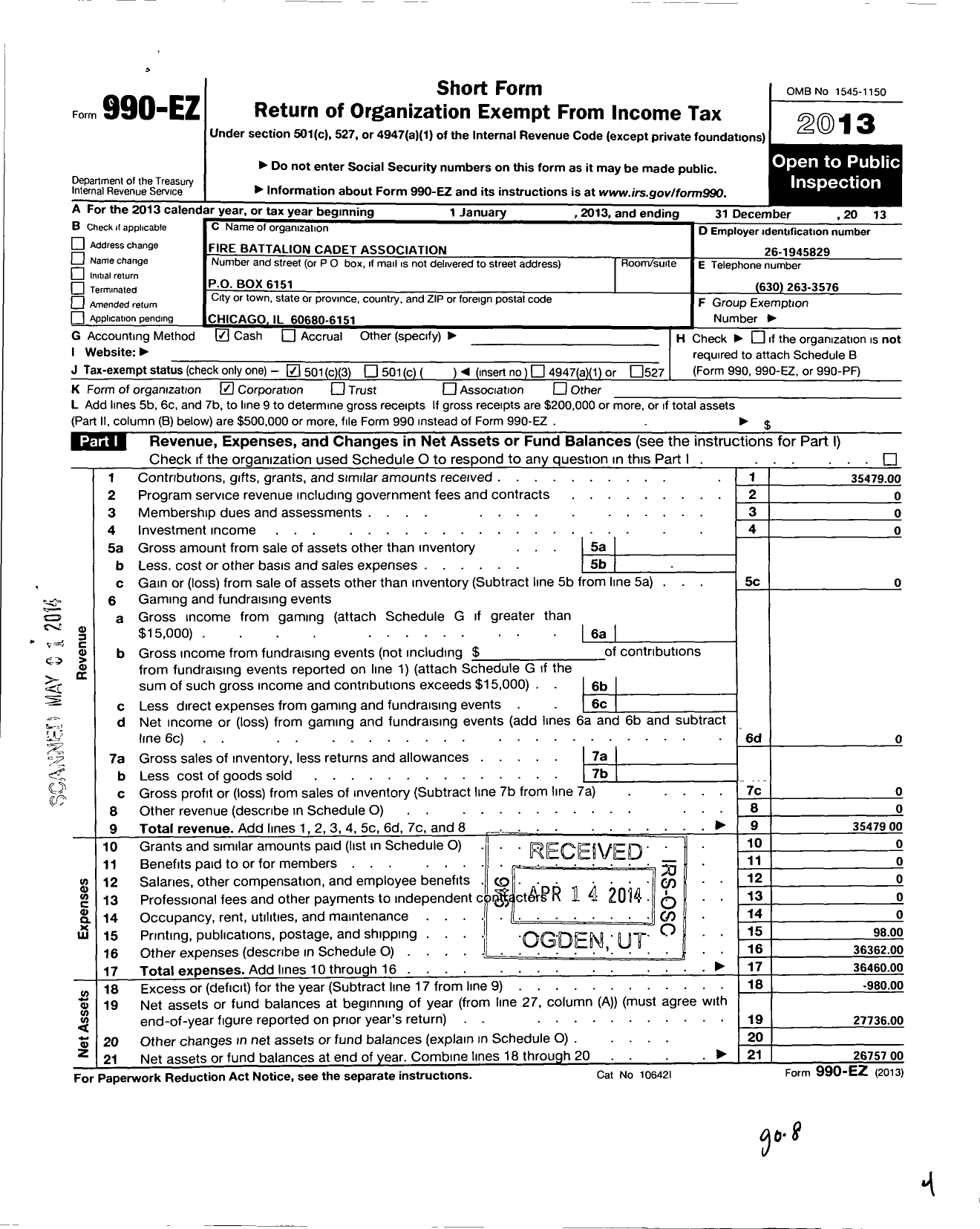 Image of first page of 2013 Form 990EZ for Fire Battalion Cadet Association