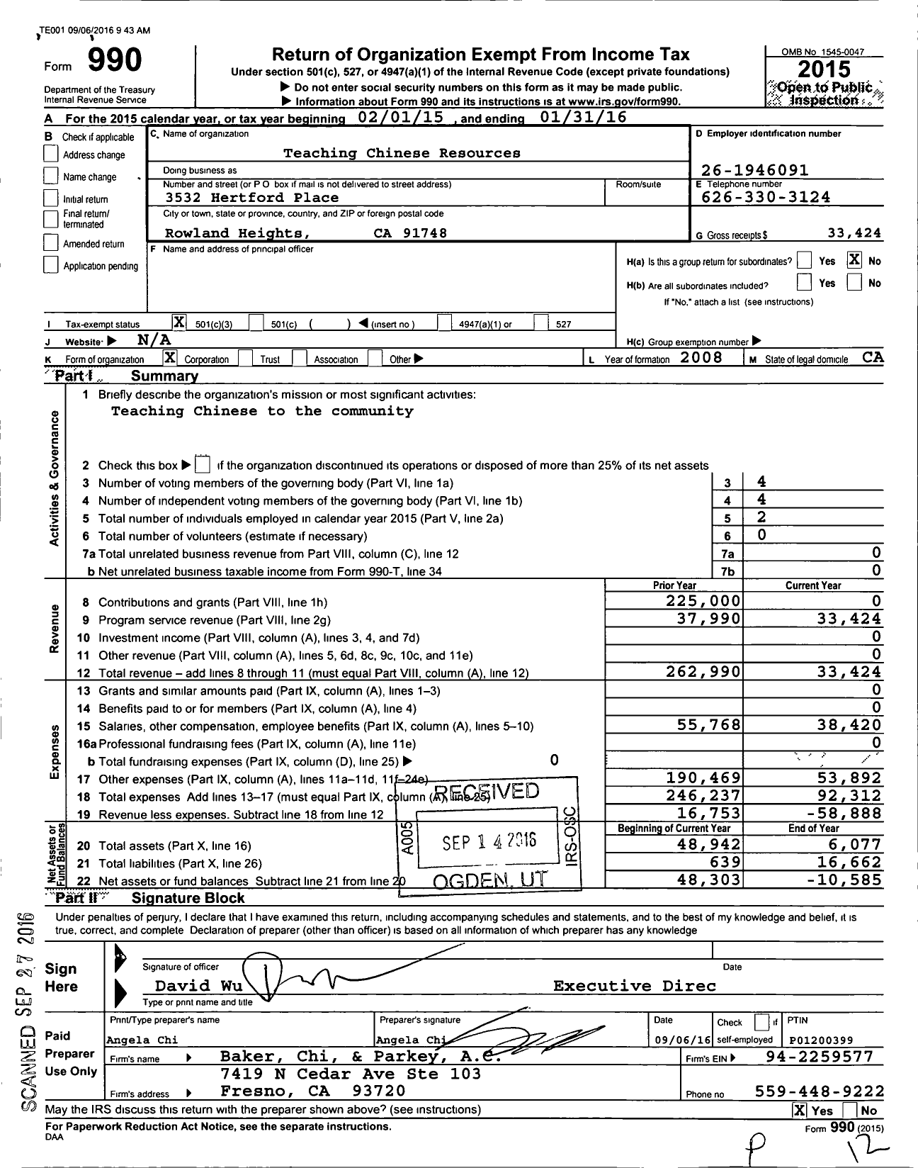 Image of first page of 2015 Form 990 for Teaching Chinese Resources