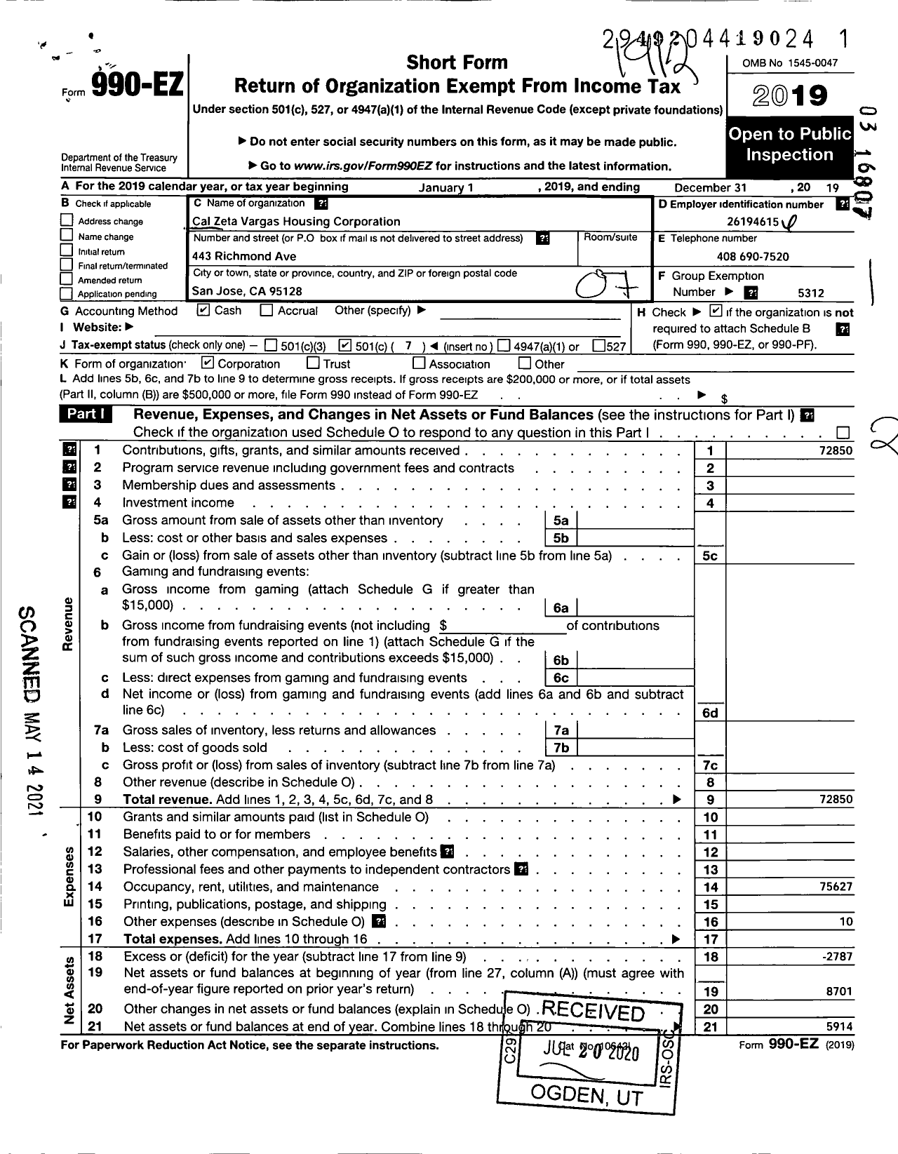 Image of first page of 2019 Form 990EO for Sae Financial and Housing Corporation / Cal Zeta Vargas