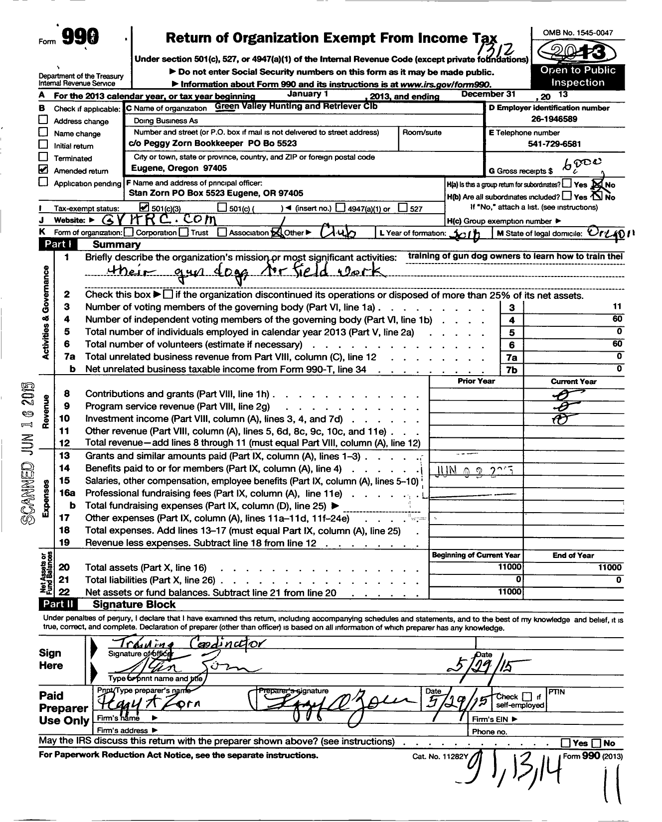 Image of first page of 2013 Form 990 for Green Valley Hunting and Retriever Club