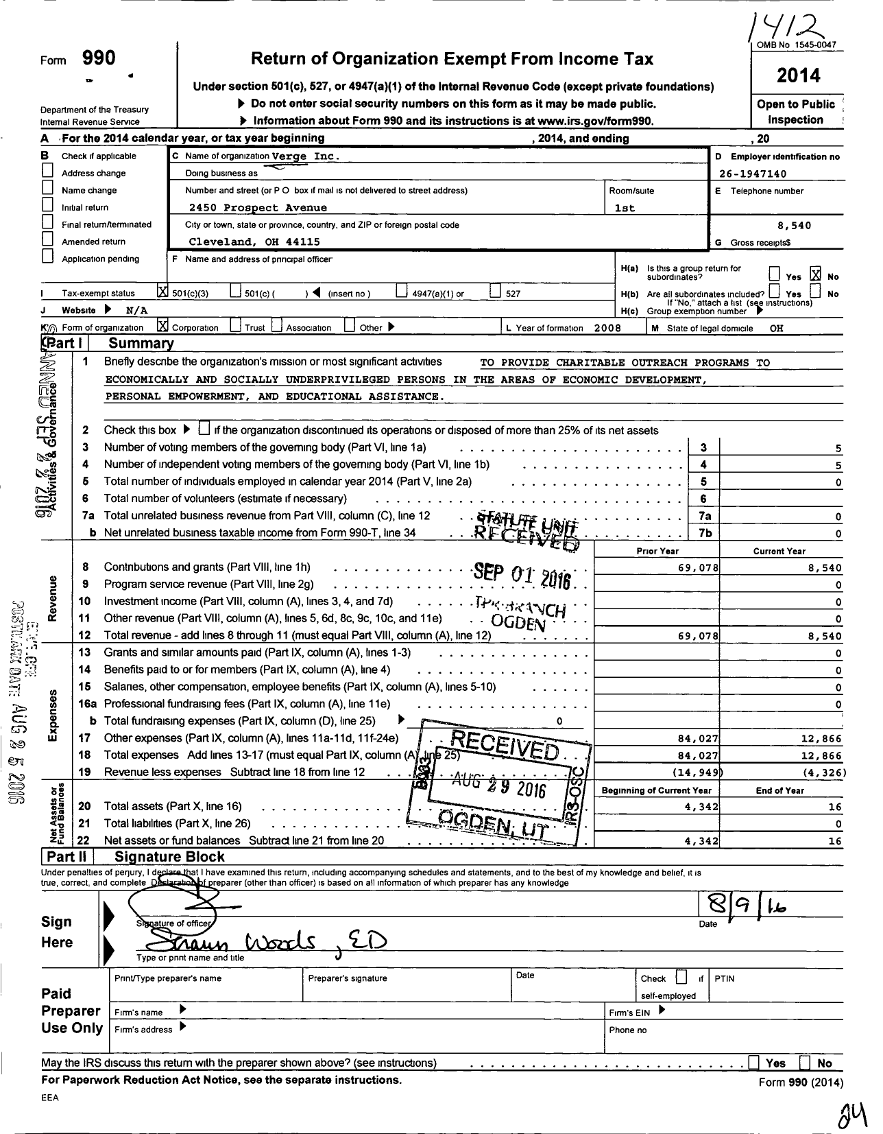 Image of first page of 2014 Form 990 for Verge