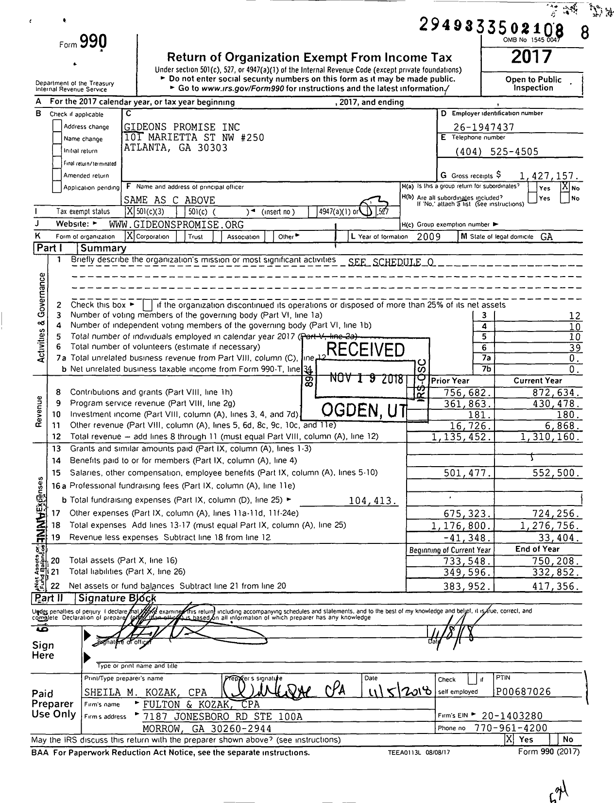 Image of first page of 2017 Form 990 for Gideons Promise