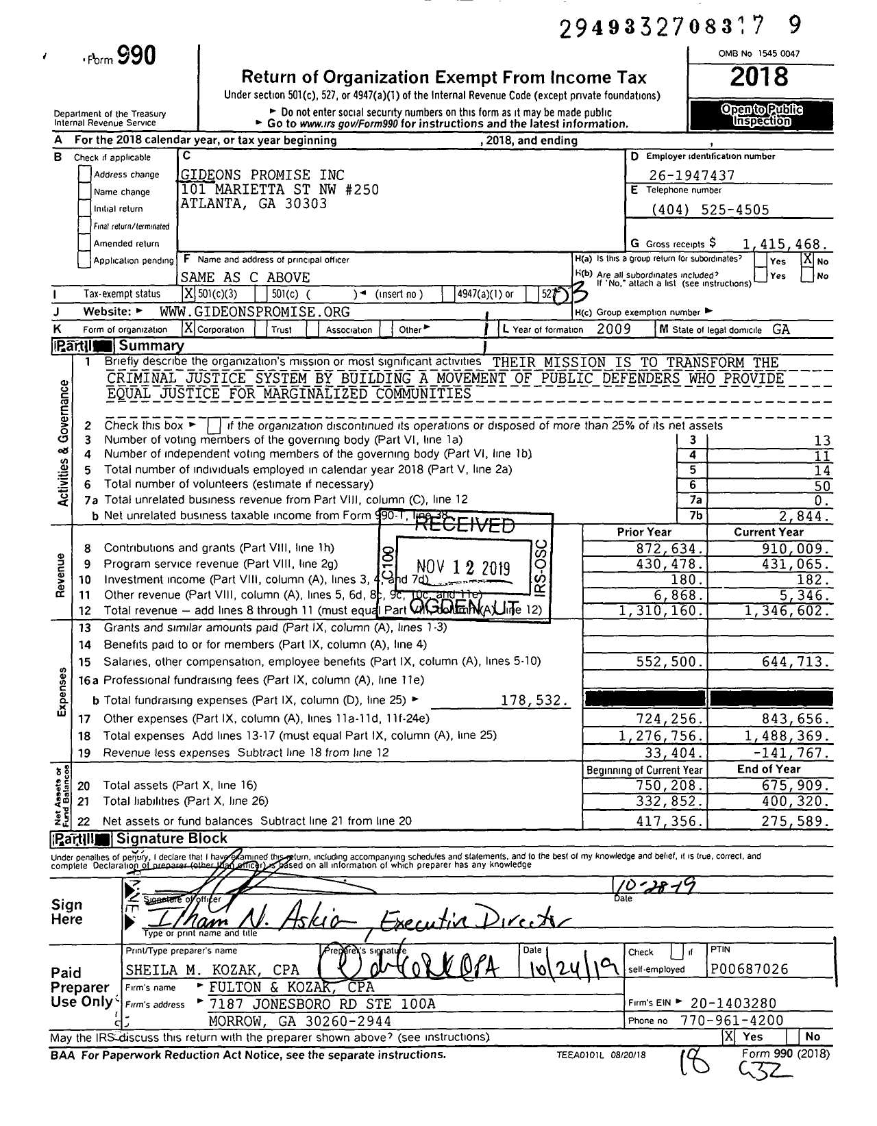 Image of first page of 2018 Form 990 for Gideons Promise