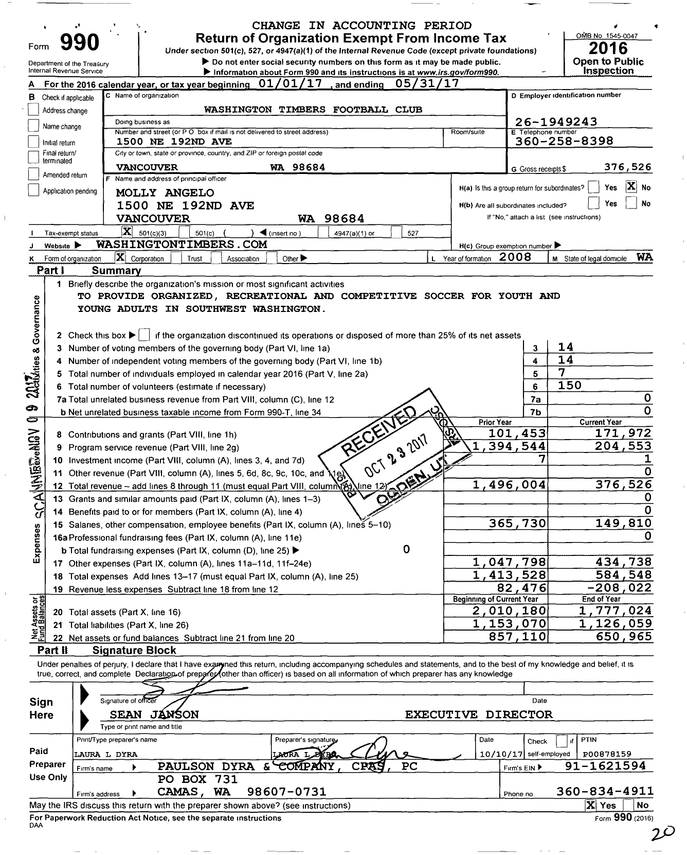 Image of first page of 2016 Form 990 for Washington Timbers Football Club