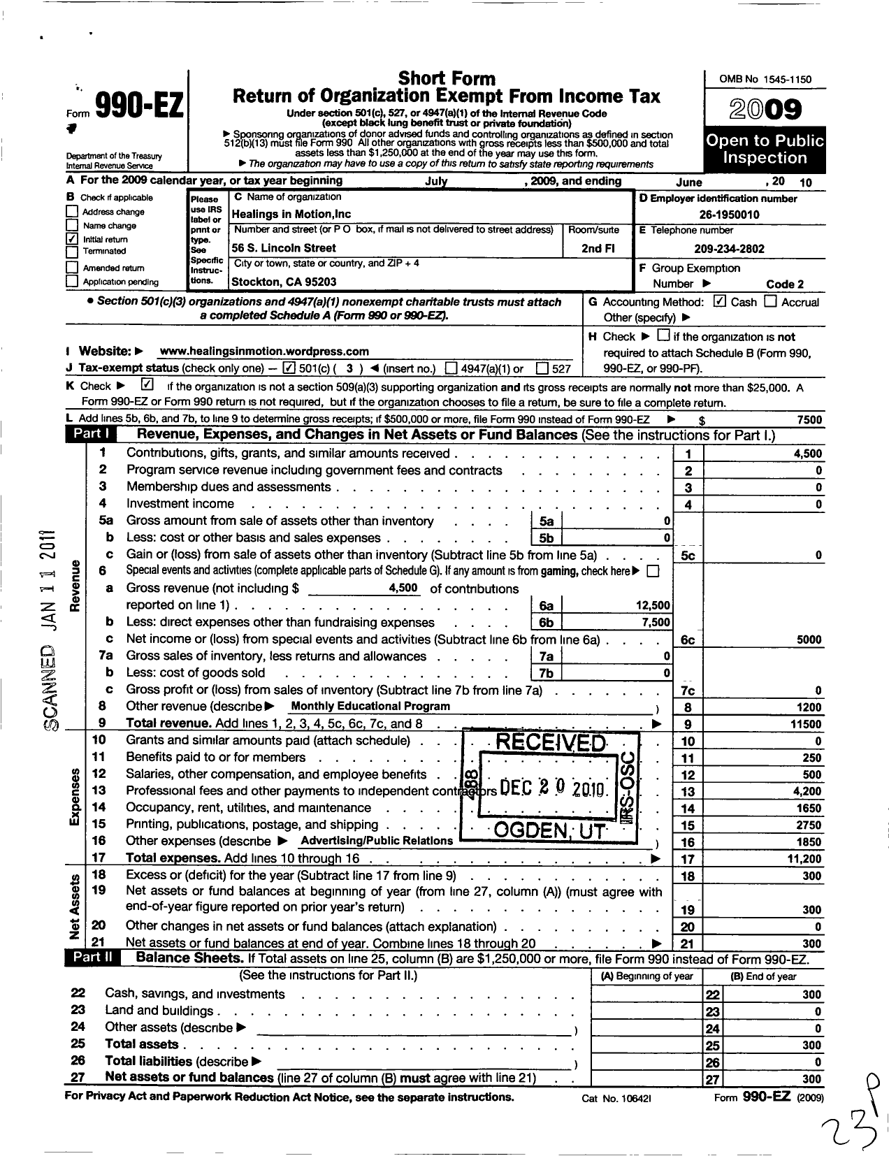 Image of first page of 2009 Form 990EZ for Healings in Motion