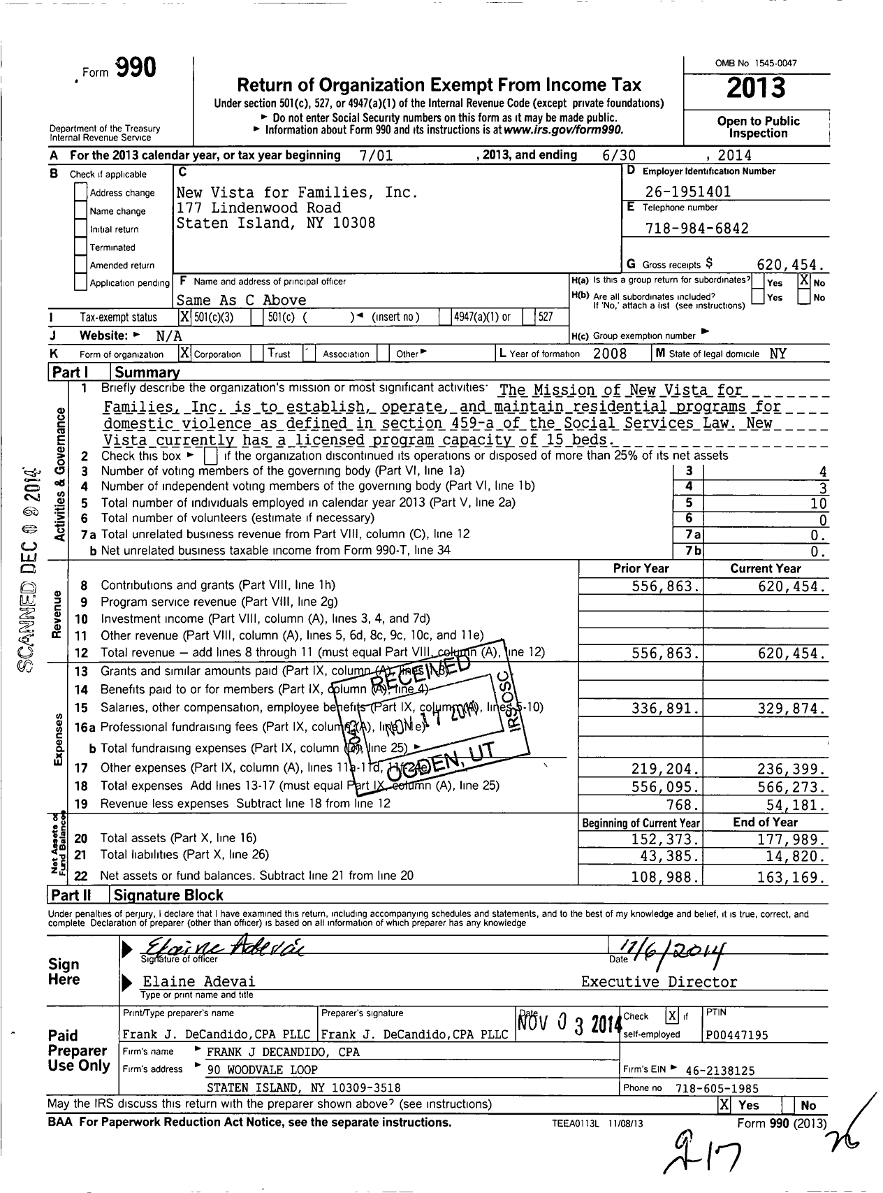 Image of first page of 2013 Form 990 for New Vista for Families