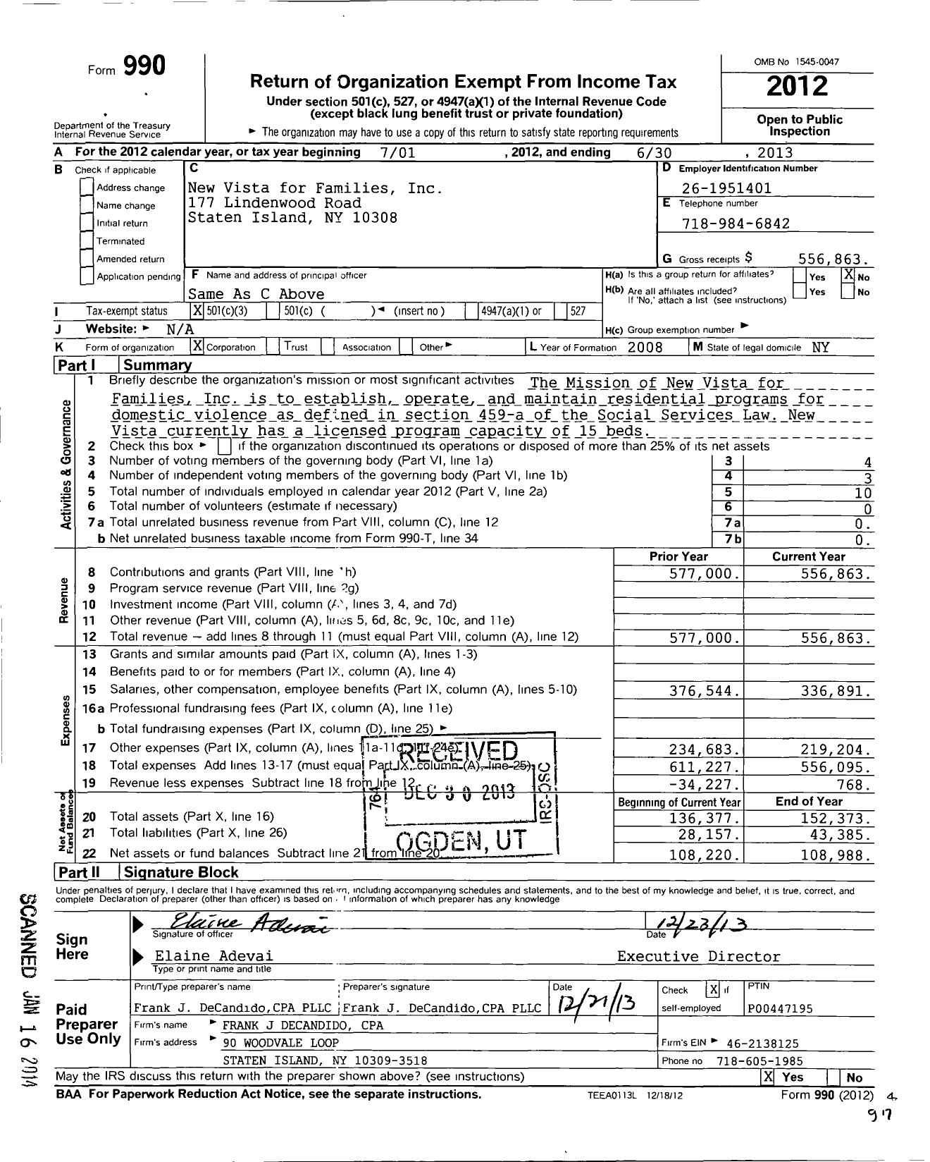 Image of first page of 2012 Form 990 for New Vista for Families