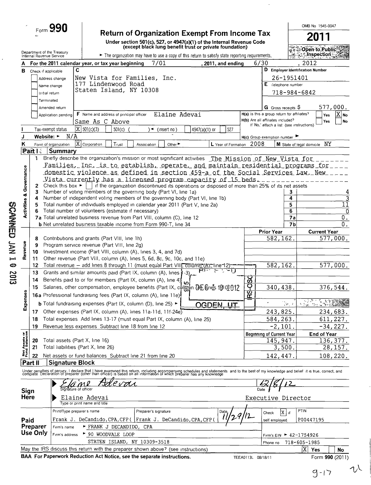 Image of first page of 2011 Form 990 for New Vista for Families