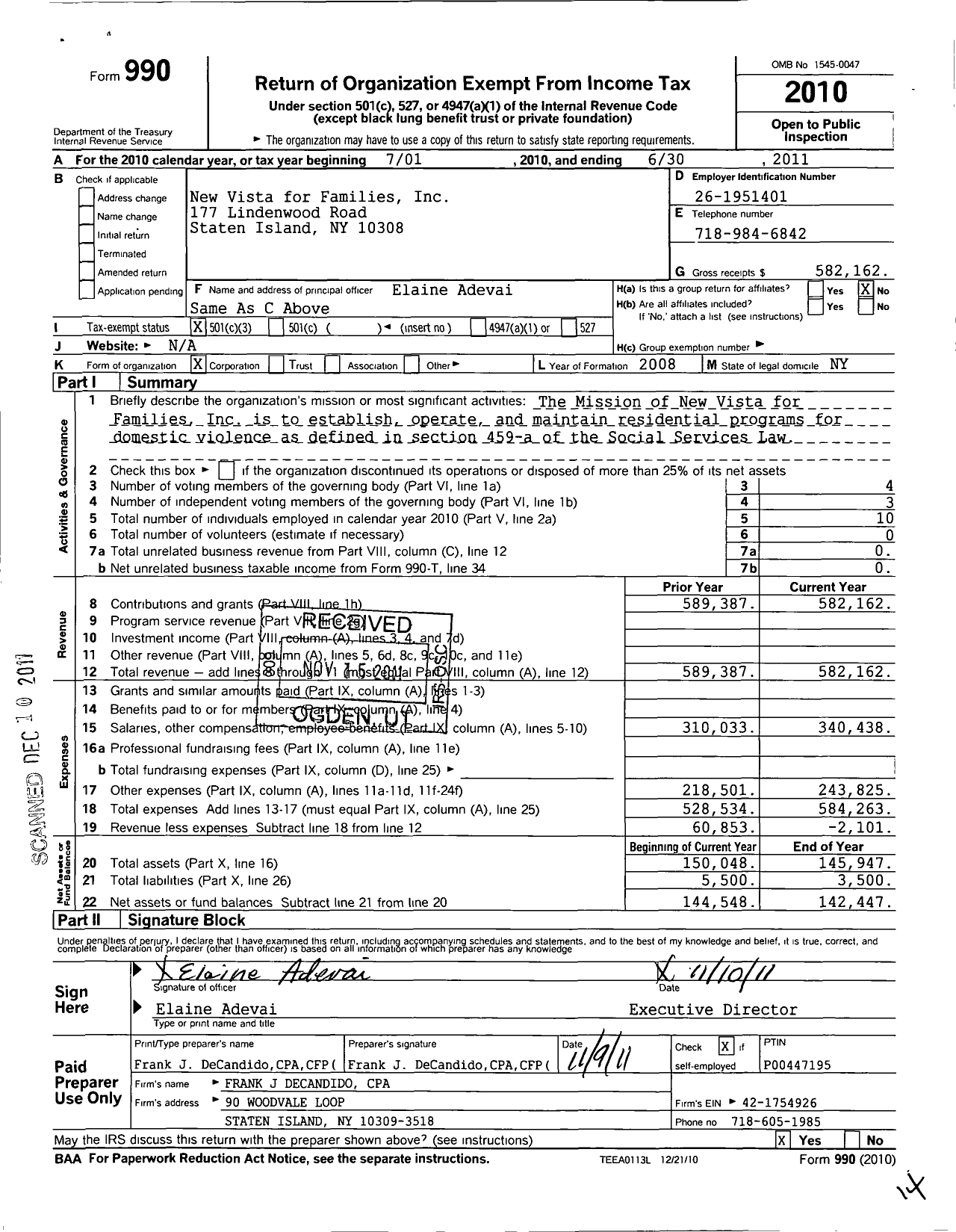 Image of first page of 2010 Form 990 for New Vista for Families