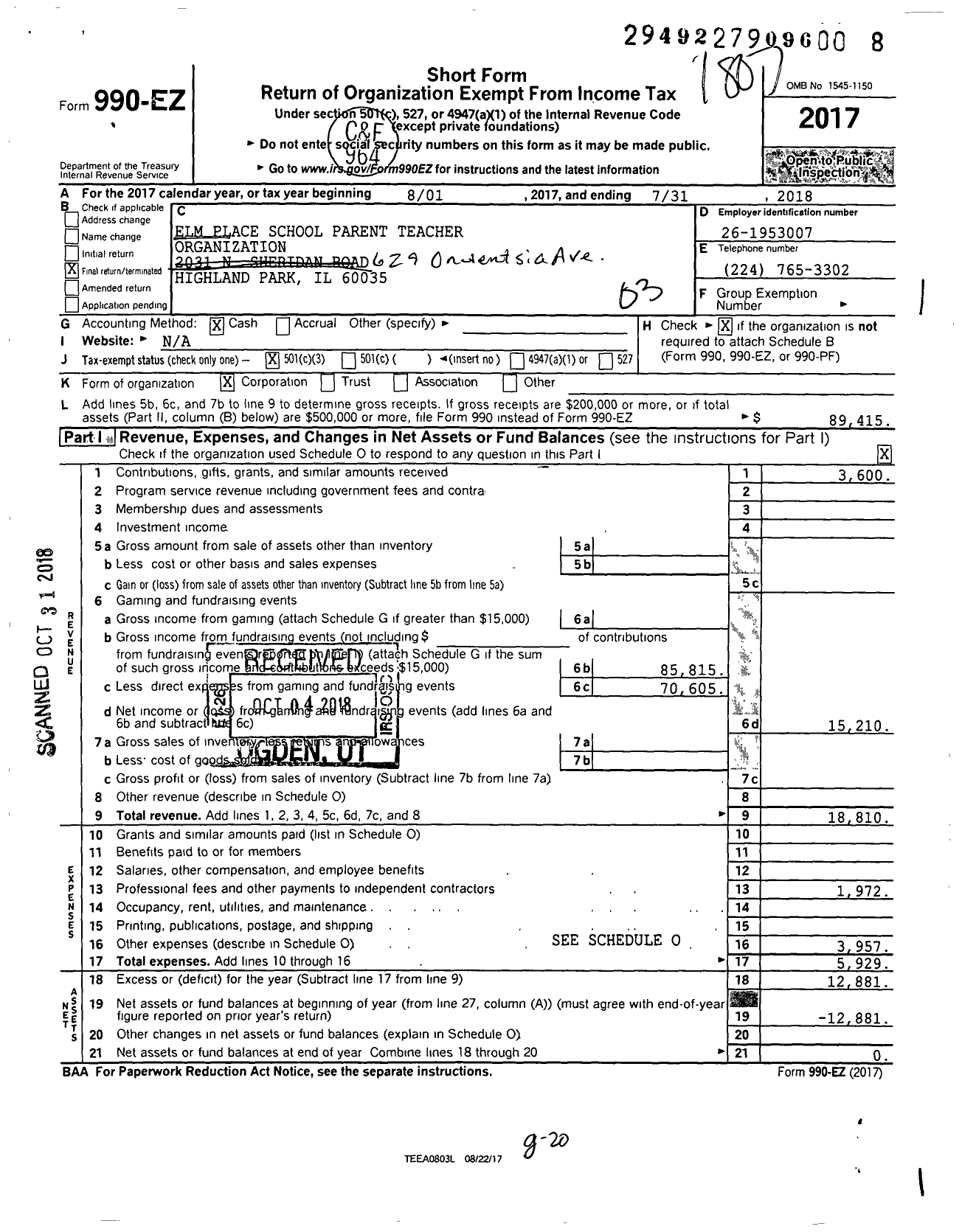 Image of first page of 2017 Form 990EZ for Pto Elm Place School