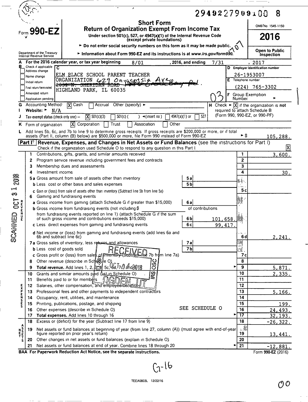 Image of first page of 2016 Form 990EZ for Pto Elm Place School