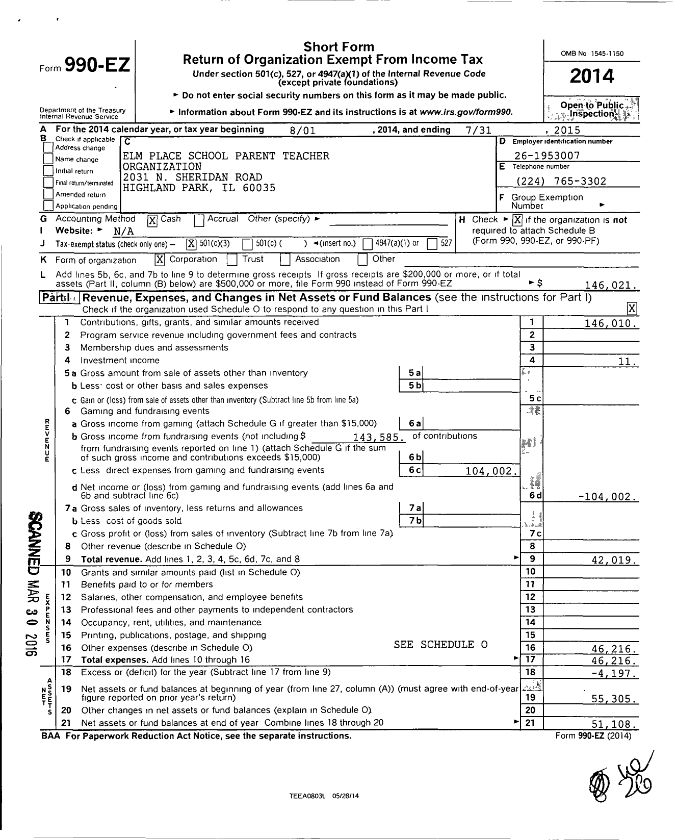 Image of first page of 2014 Form 990EZ for Pto Elm Place School