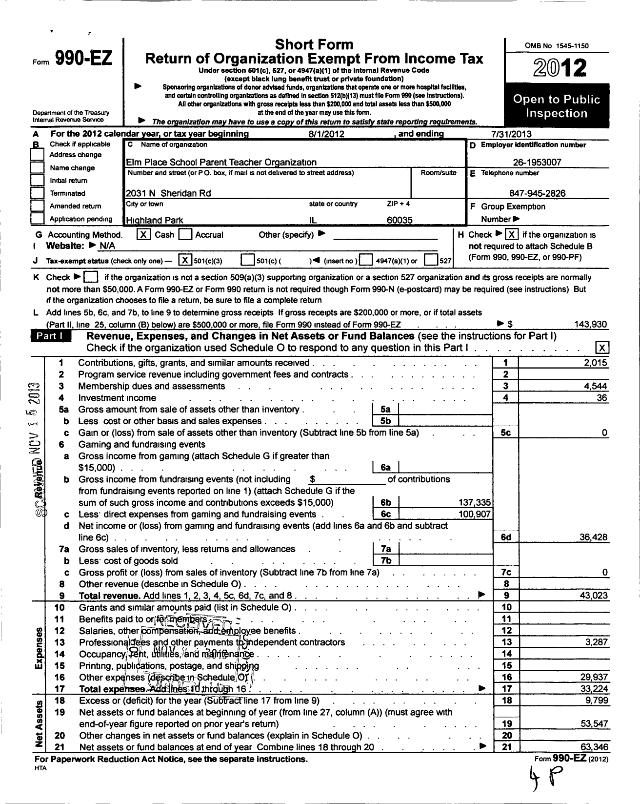 Image of first page of 2012 Form 990EZ for Pto Elm Place School