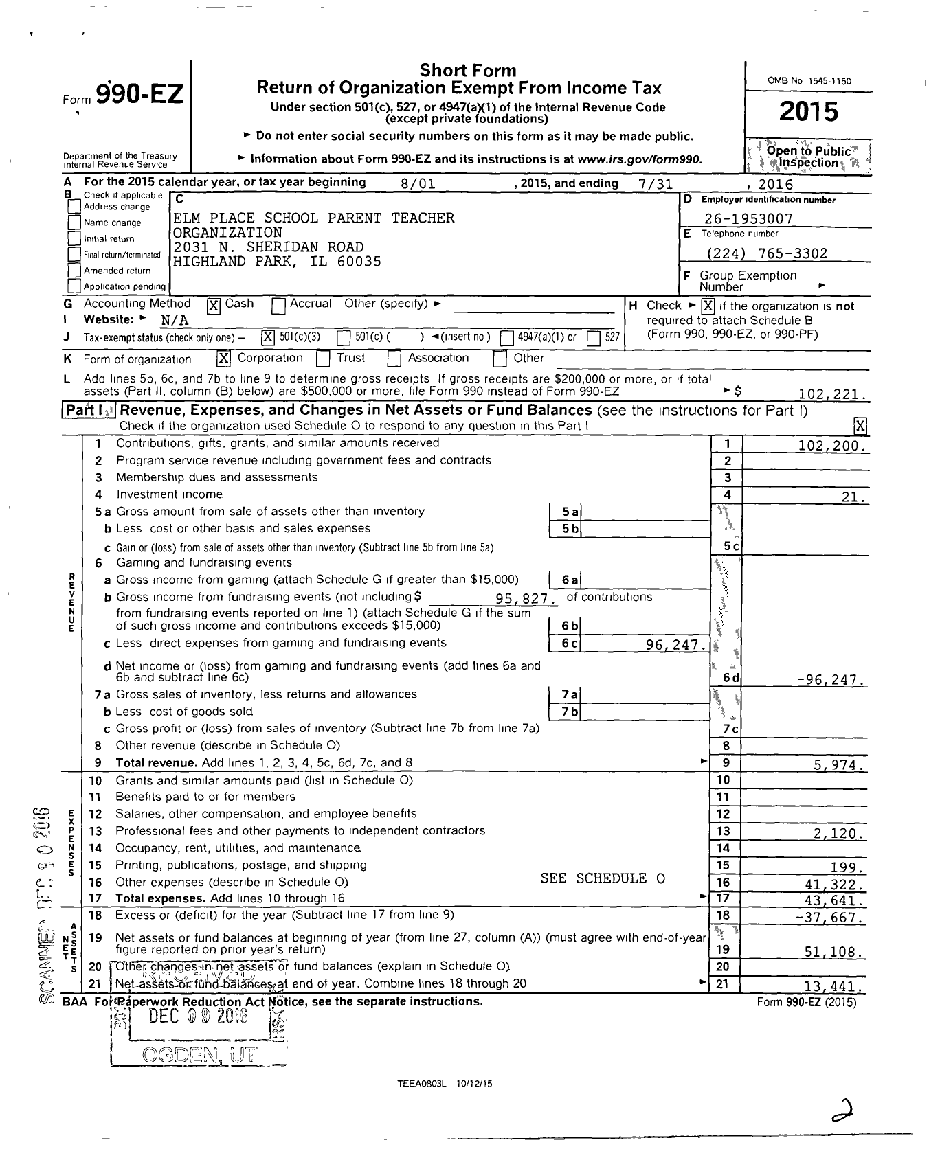 Image of first page of 2015 Form 990EZ for Pto Elm Place School