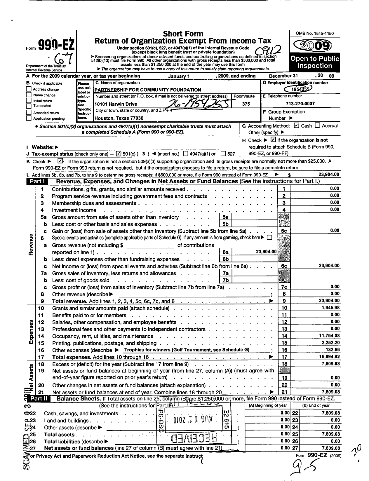 Image of first page of 2009 Form 990EZ for Partnership for Community Foundation