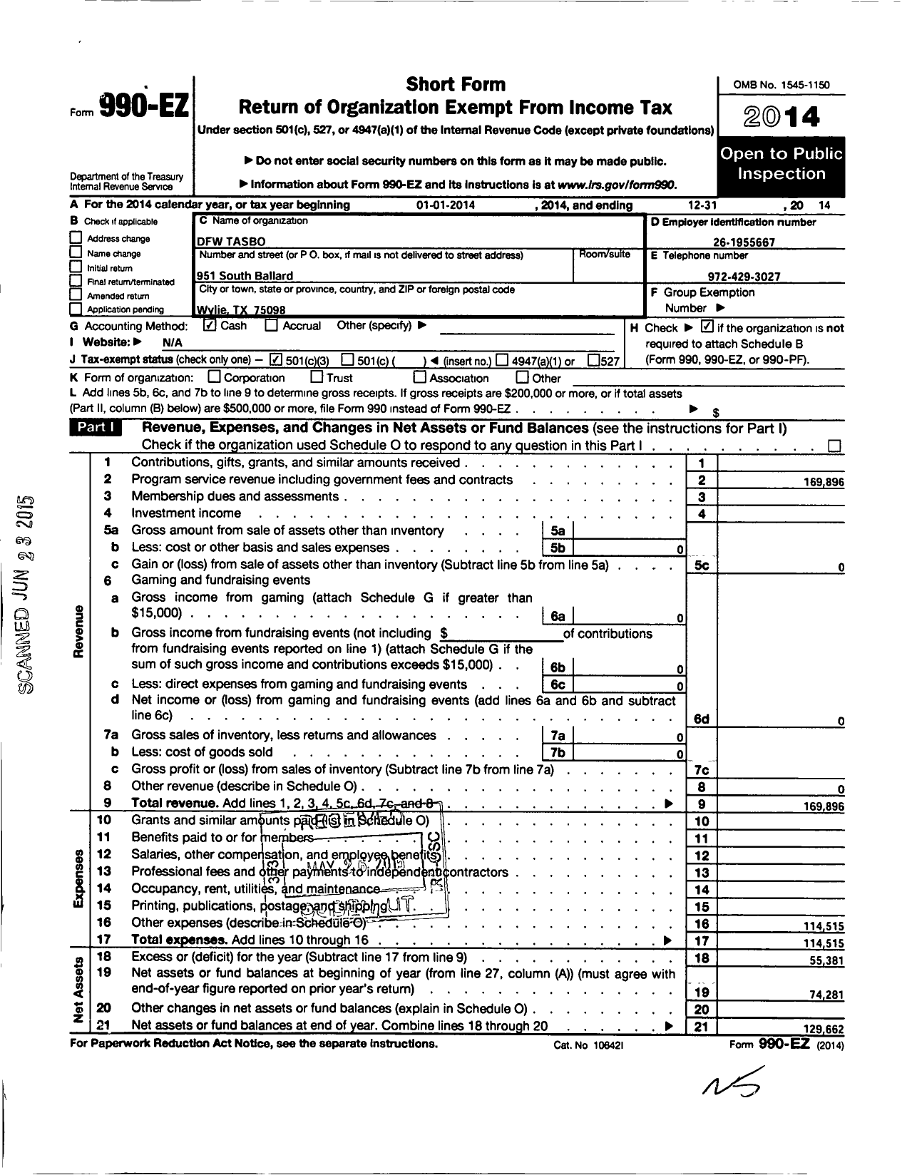 Image of first page of 2014 Form 990EZ for DFW Tasbo