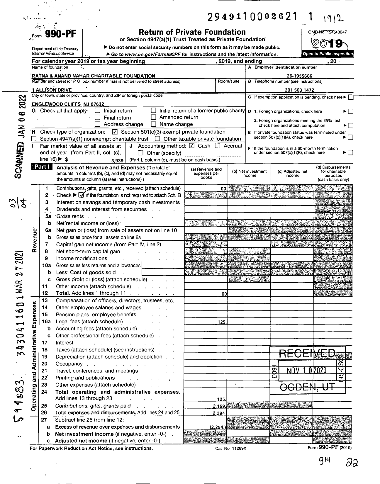 Image of first page of 2019 Form 990PF for Ratna and Anand Nahar Charitable Foundation