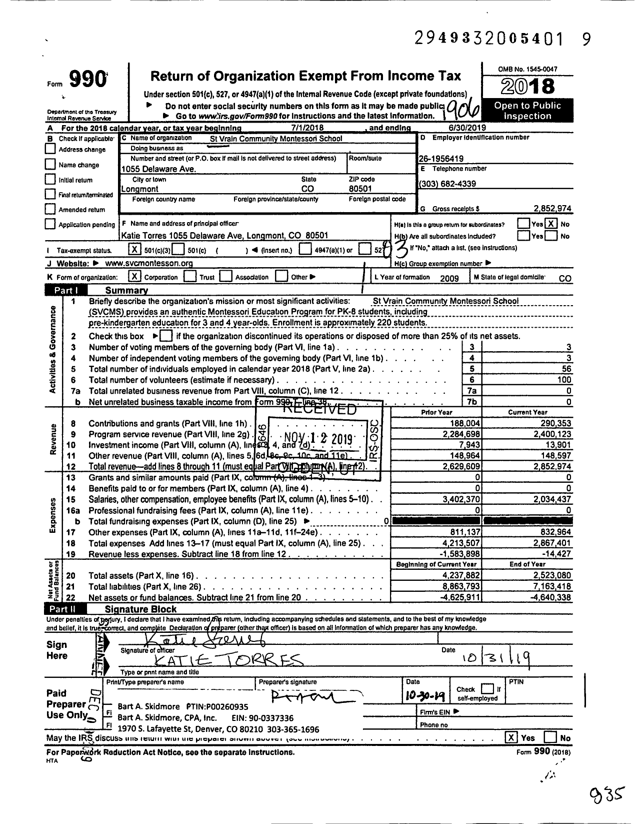 Image of first page of 2018 Form 990 for St Vrain Community Montessori School