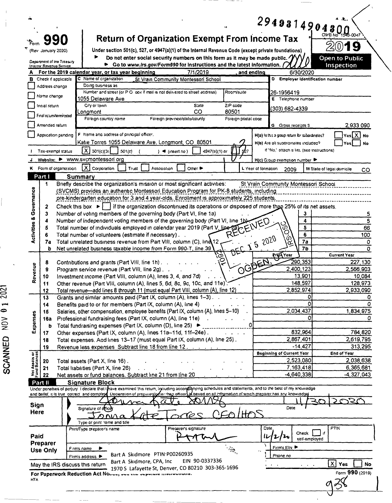 Image of first page of 2019 Form 990 for St Vrain Community Montessori School