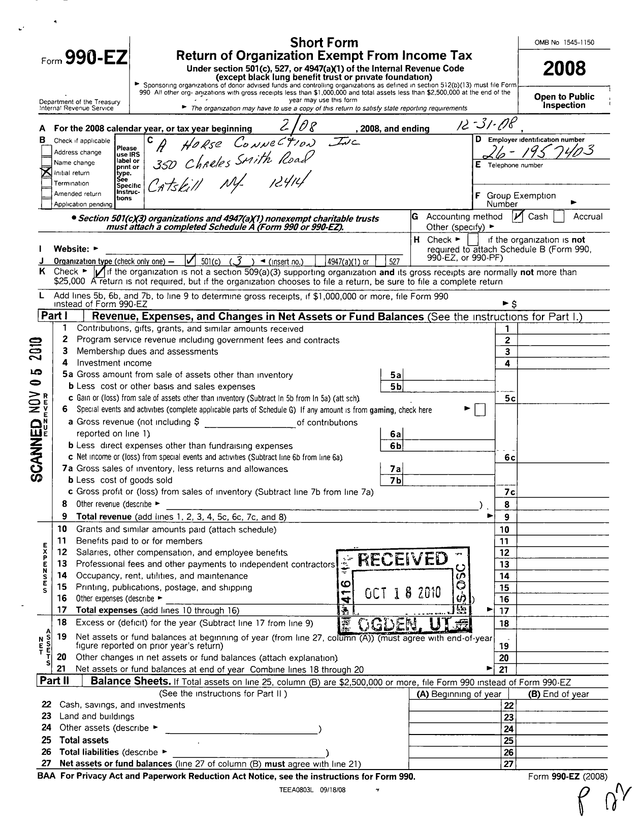 Image of first page of 2008 Form 990EZ for A Horse Connection