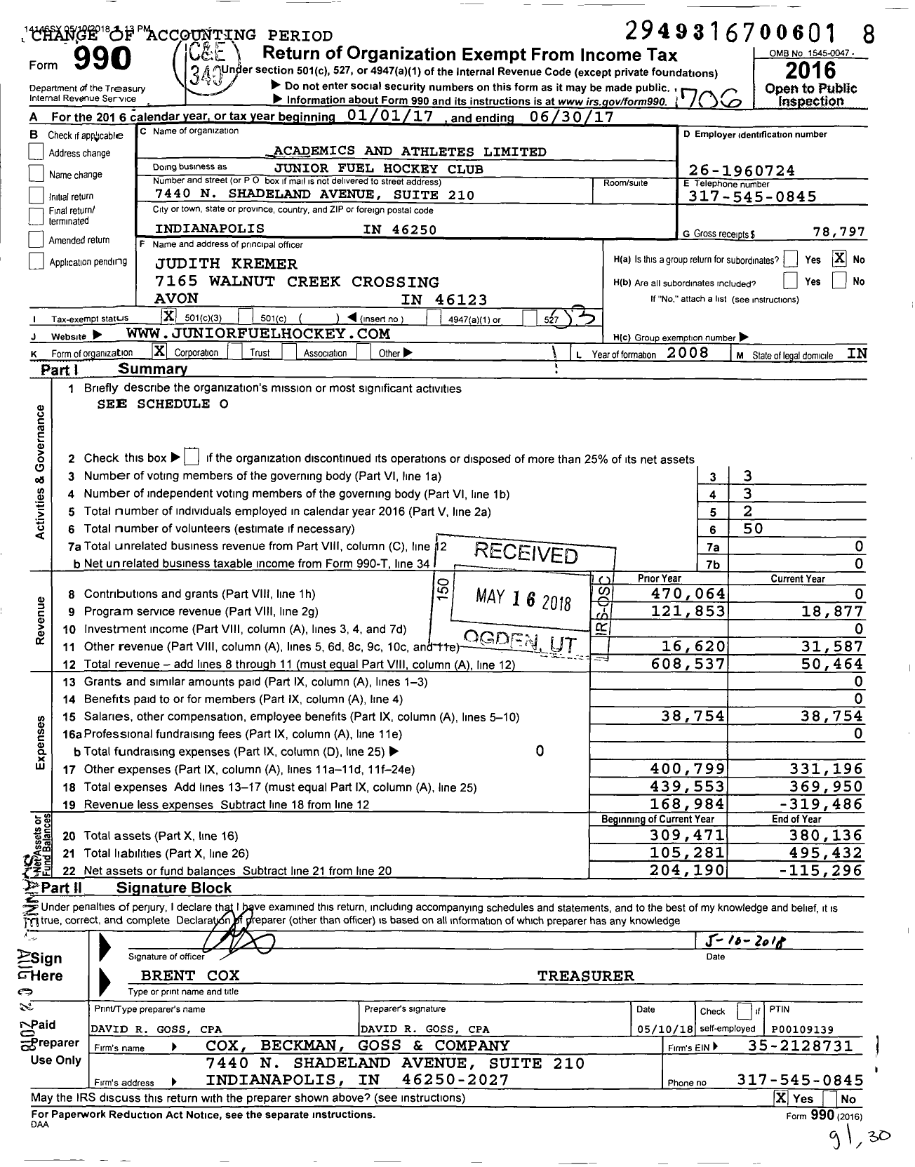 Image of first page of 2016 Form 990 for Junior Fuel Hockey Club