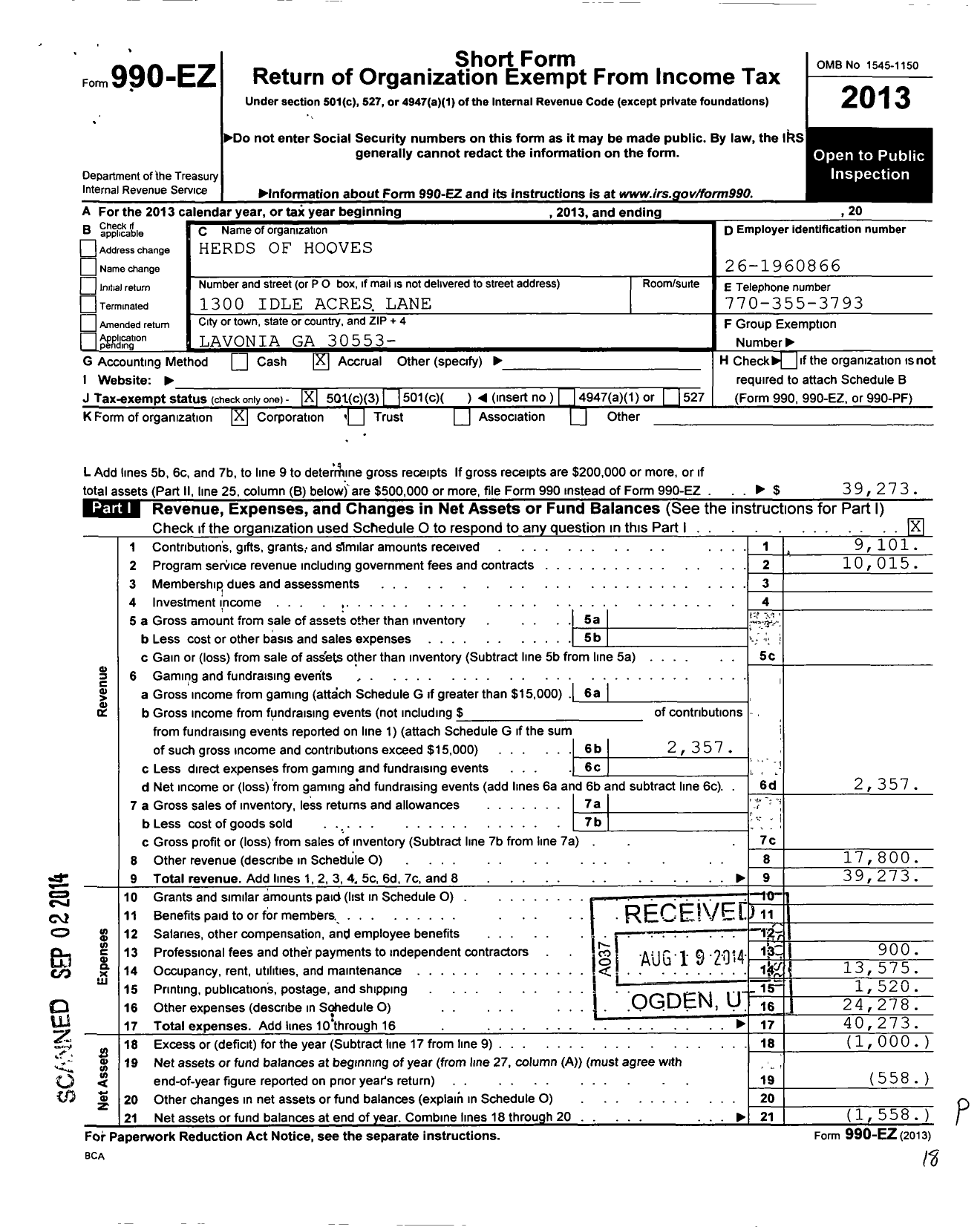 Image of first page of 2013 Form 990EZ for Herds of Hooves