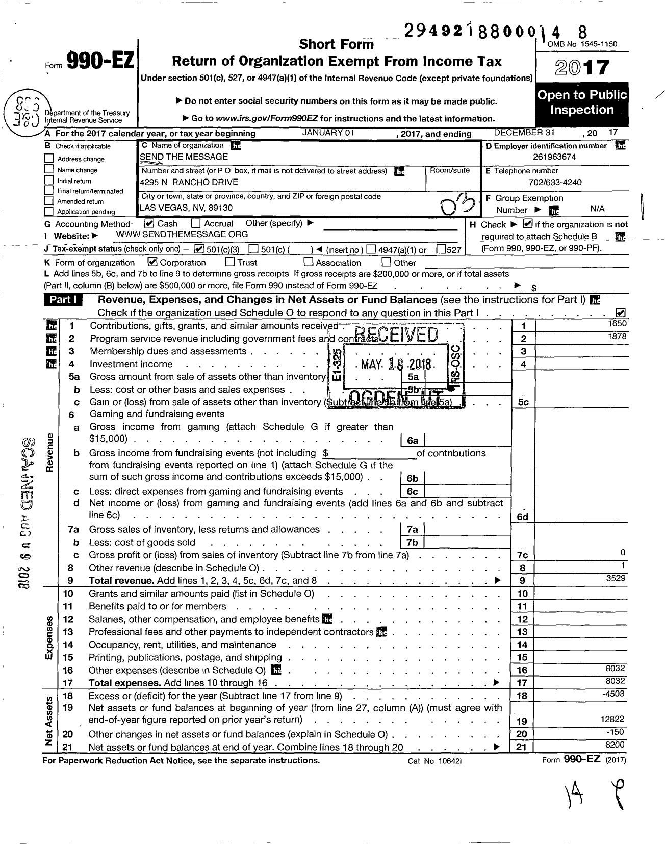 Image of first page of 2017 Form 990EZ for Send the Message