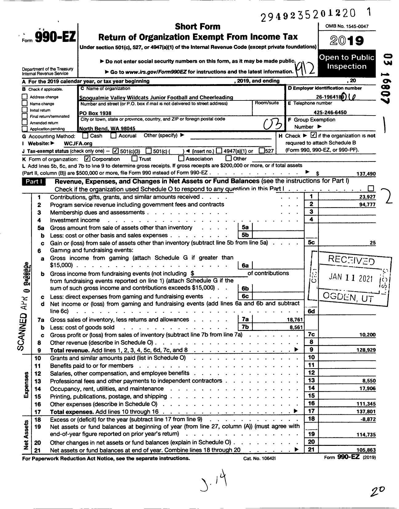 Image of first page of 2019 Form 990EZ for Snoqualmie Valley Wildcats Junior Football and Cheerleading