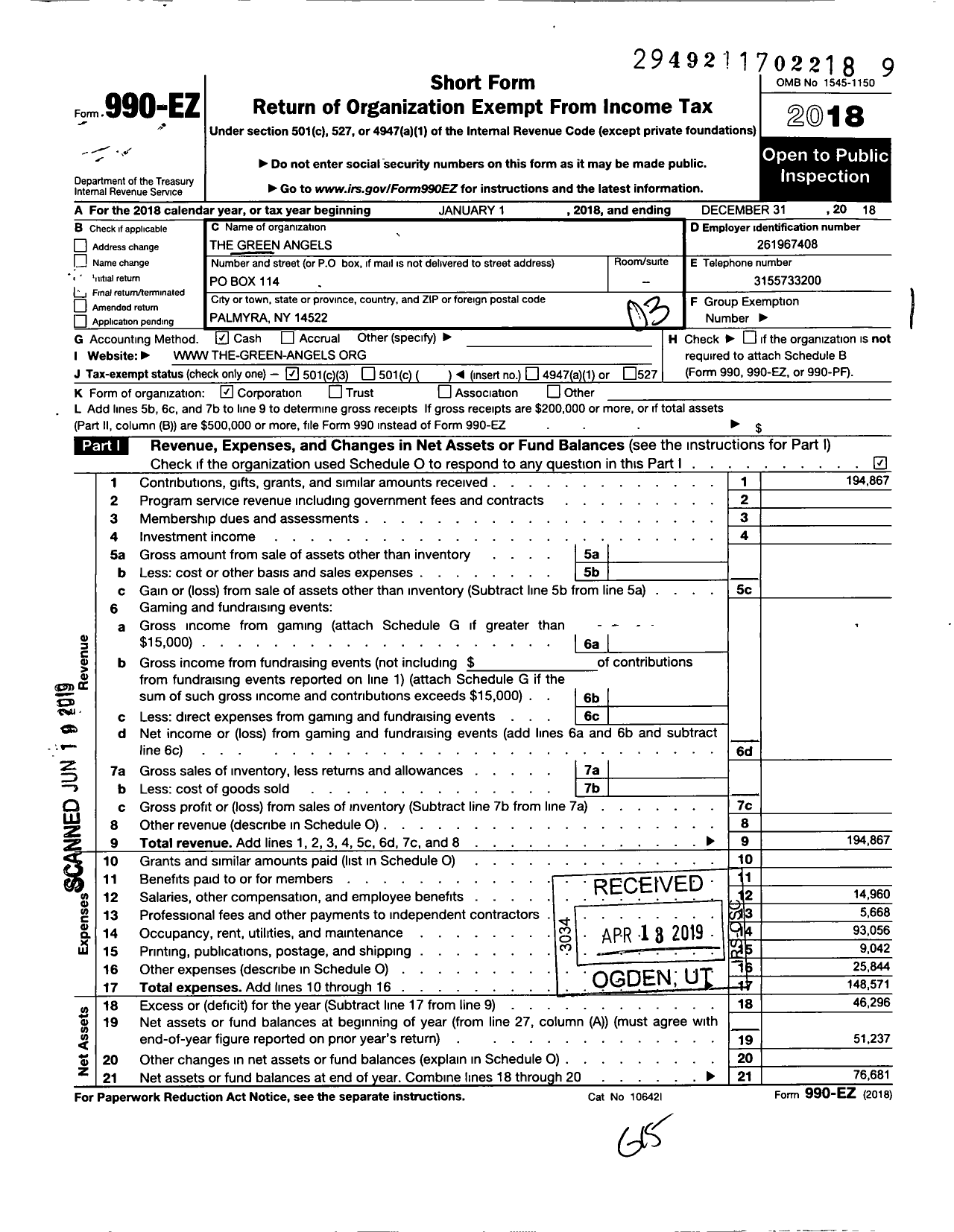 Image of first page of 2018 Form 990EZ for Green Angels