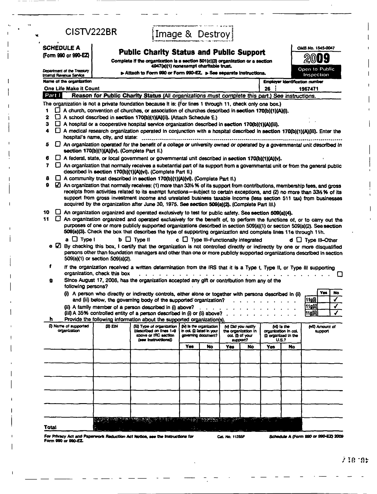 Image of first page of 2009 Form 990ER for One Life Make It Count