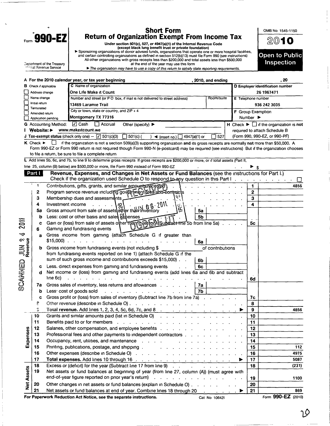 Image of first page of 2010 Form 990EZ for One Life Make It Count