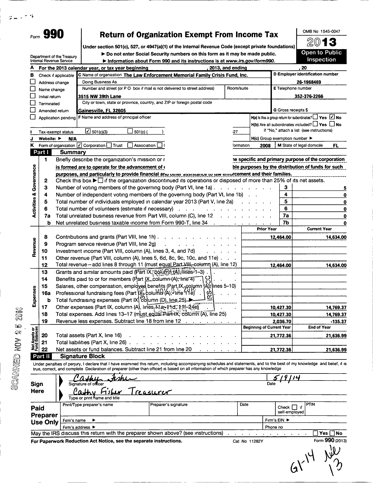 Image of first page of 2013 Form 990 for Law Enforcement Memorial Family Crisis Fund