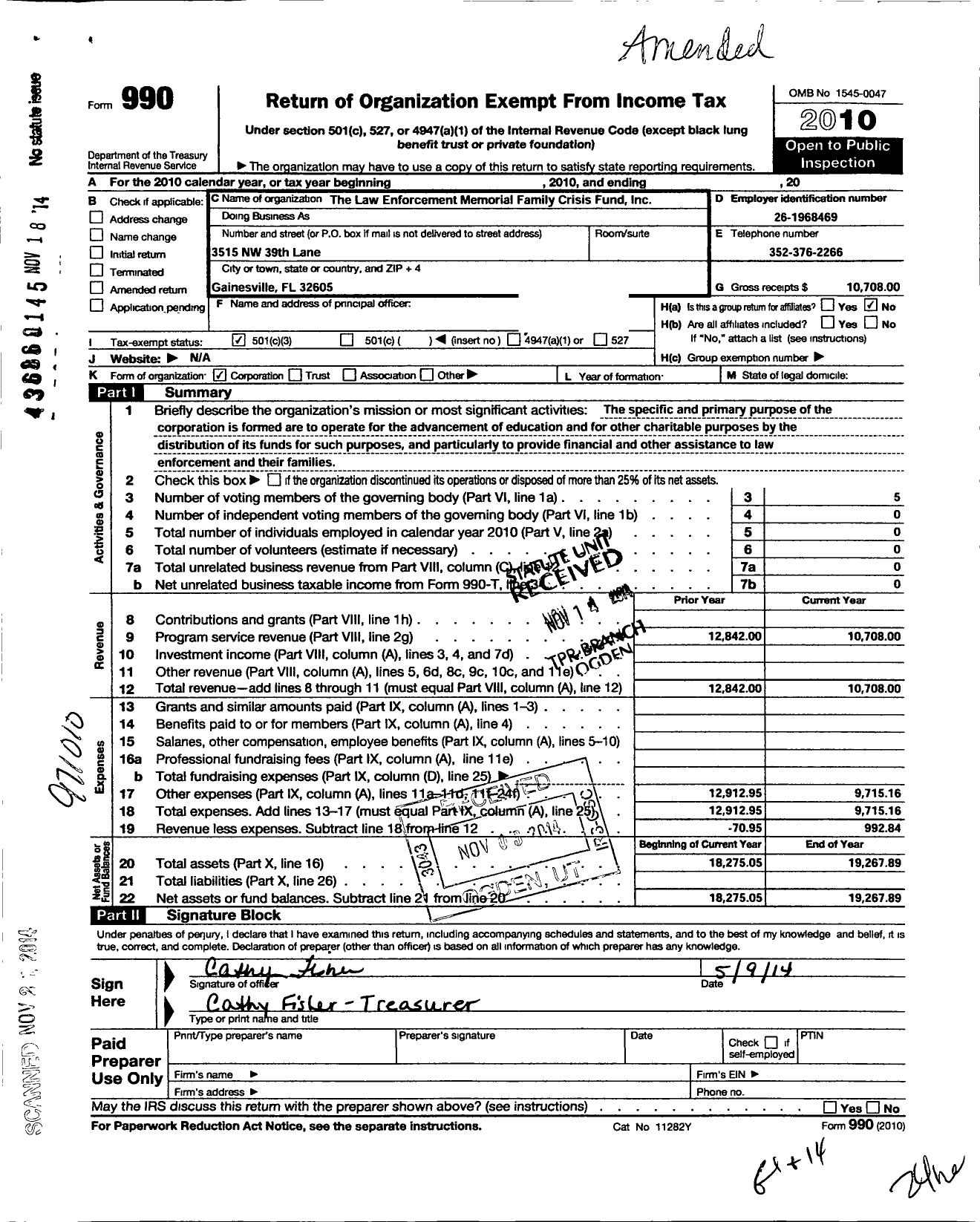 Image of first page of 2010 Form 990 for Law Enforcement Memorial Family Crisis Fund