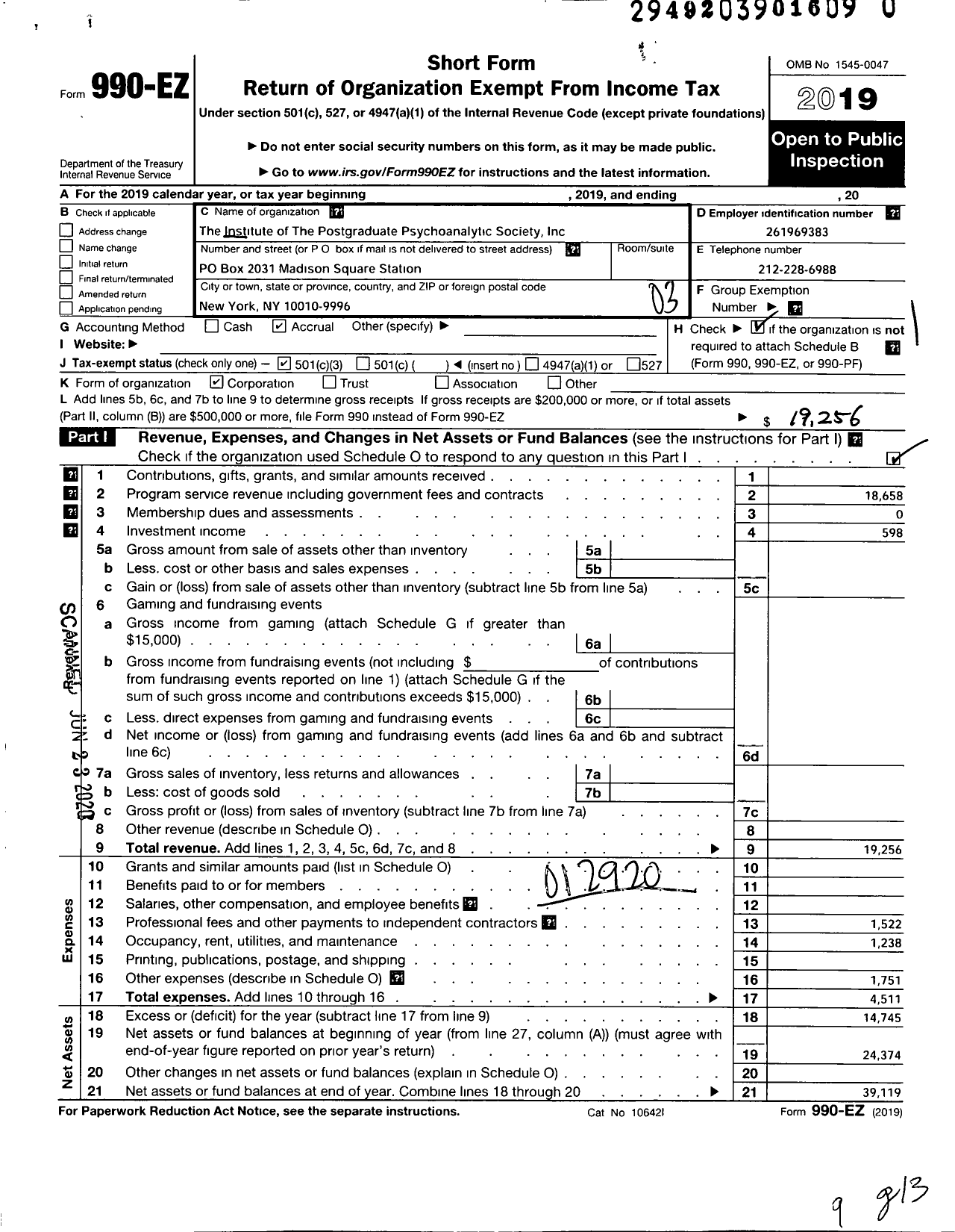 Image of first page of 2019 Form 990EZ for Institute of the Postgraduate Psychoanalytic Society