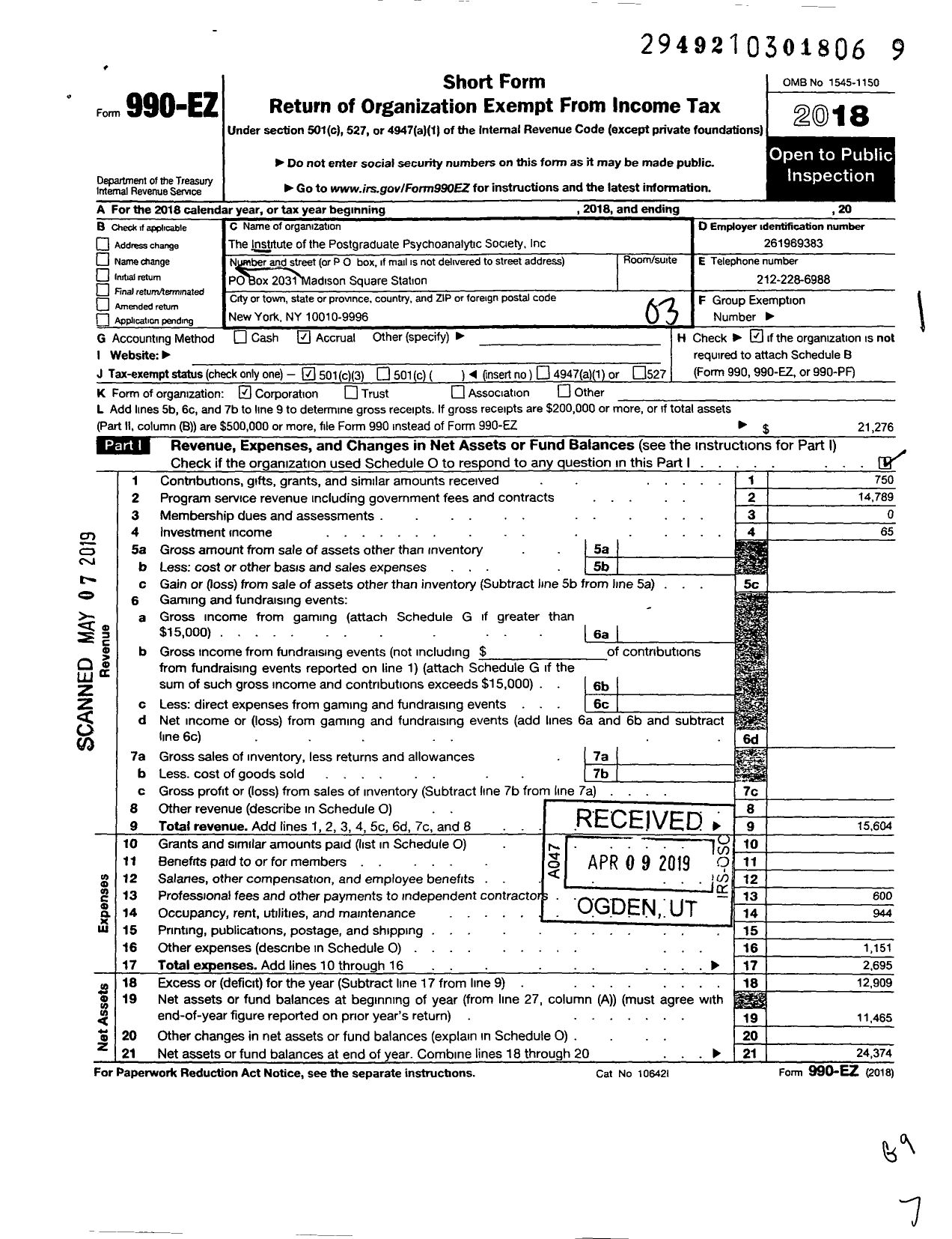 Image of first page of 2018 Form 990EZ for Institute of the Postgraduate Psychoanalytic Society