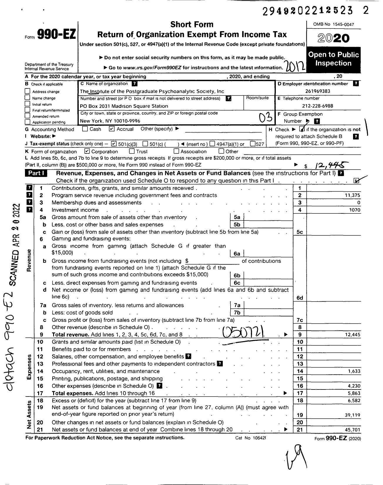 Image of first page of 2020 Form 990EZ for Institute of the Postgraduate Psychoanalytic Society